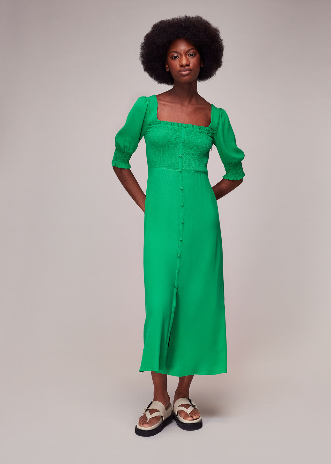 Green Luna Shirred Bodice Midi Dress WHISTLES
