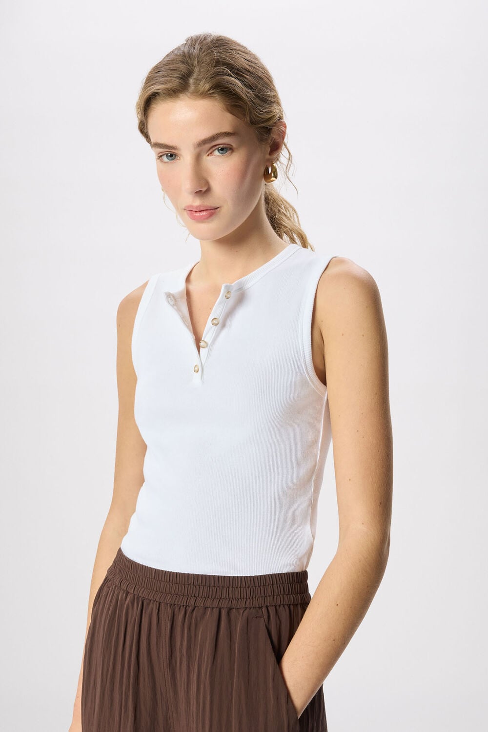 White Henley Button Front Tank