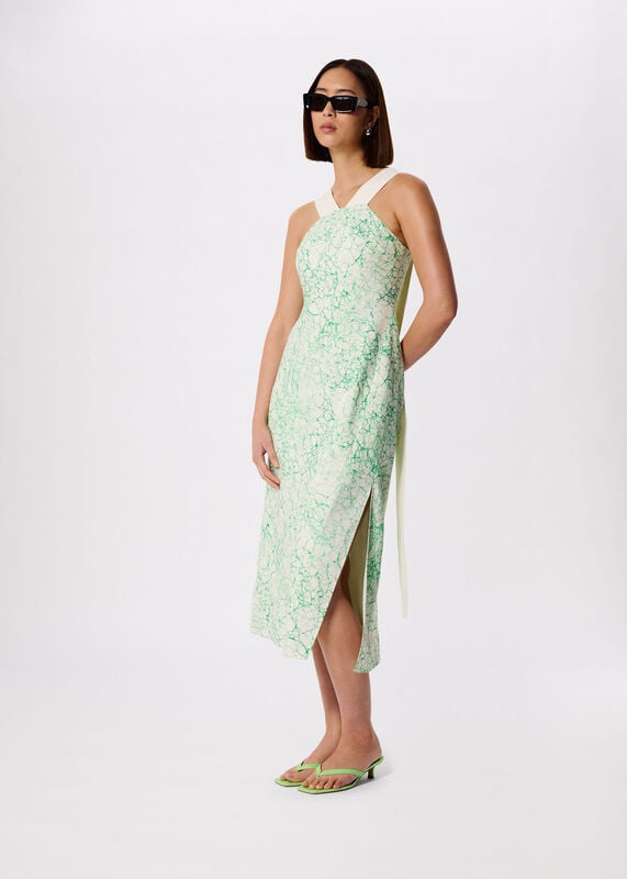 Green Printed Buckle Midi Dress