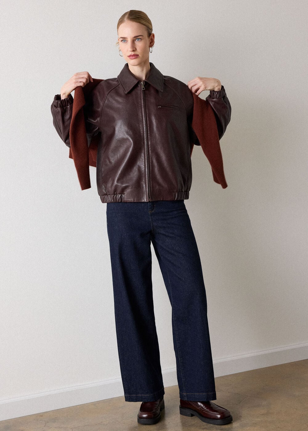 Burgundy Shearling Trim Leather Bomber