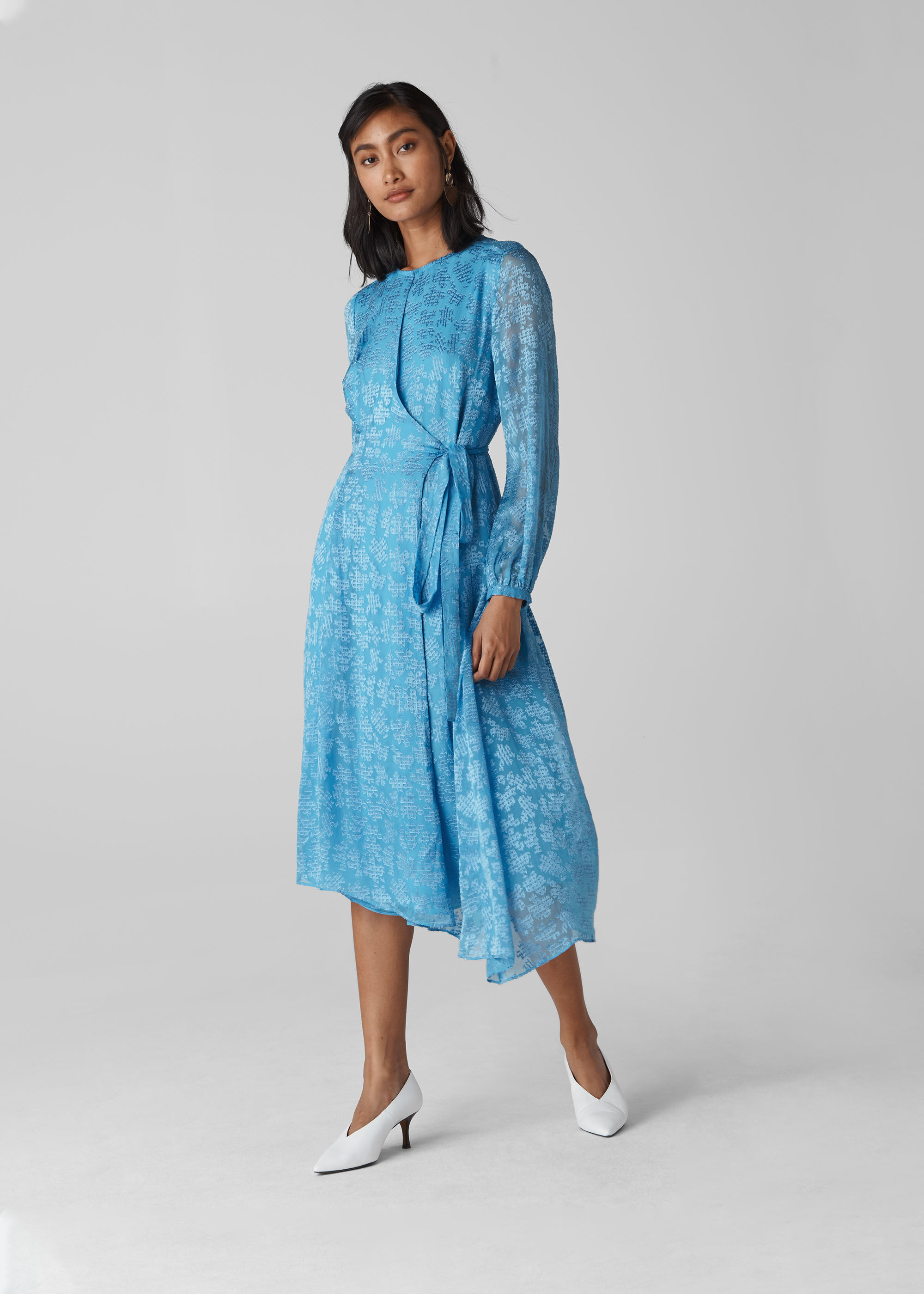 Pale Blue Devore Tie Waist Dress