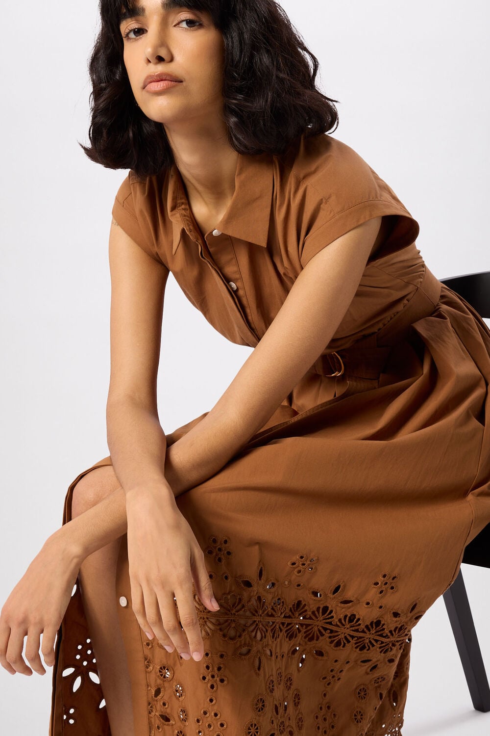 Camel Cotton Broderie Shirt Dress