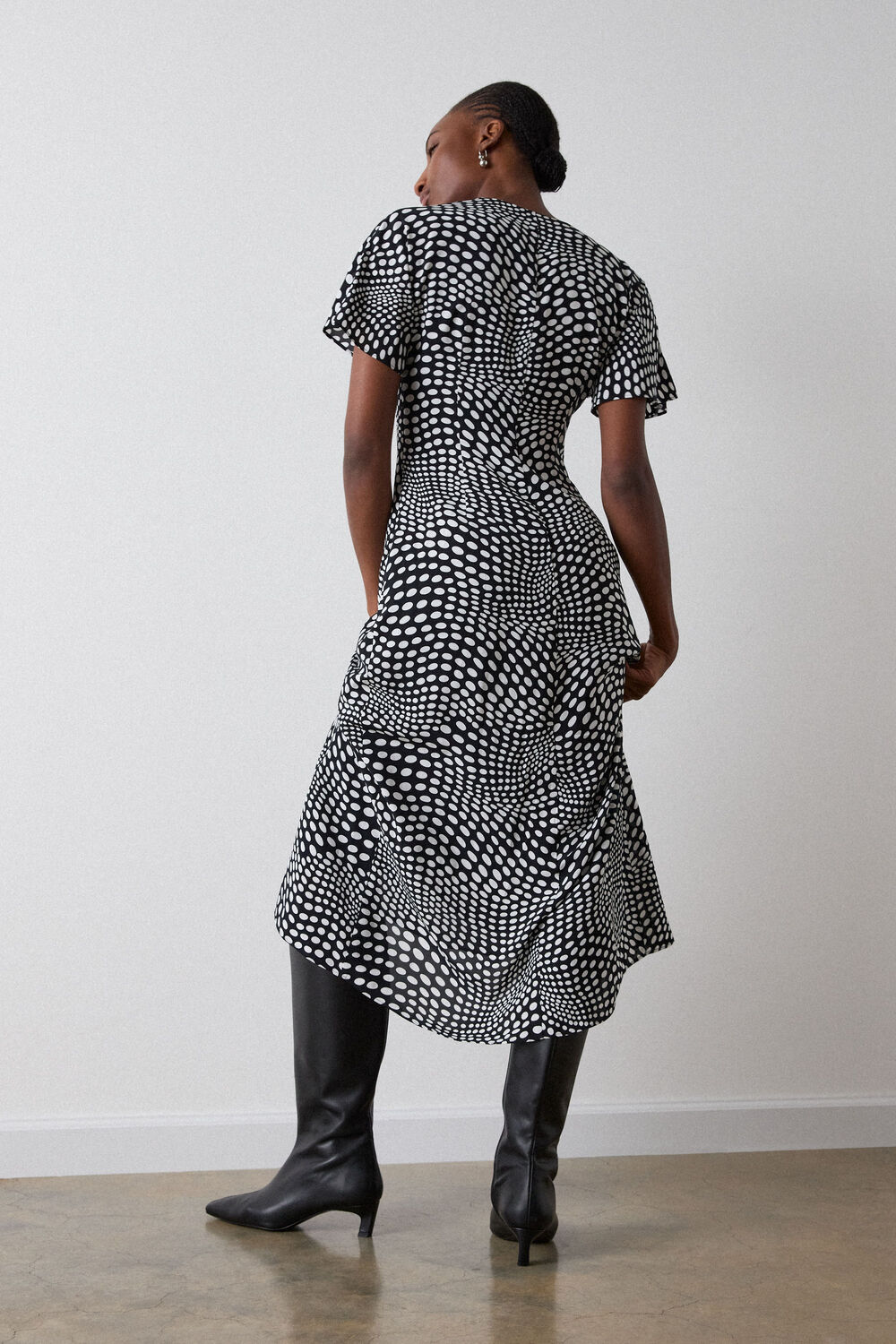 Black Petite Mixed Spot V Neck Midi Dress