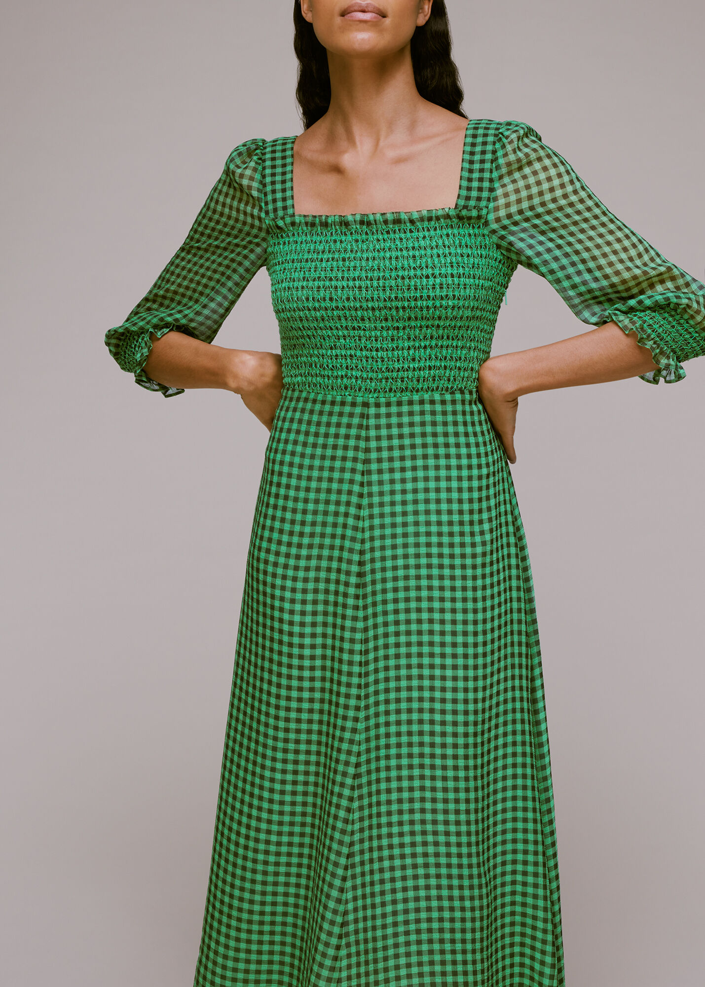 Green Multi Lottie Gingham Shirred Dress WHISTLES