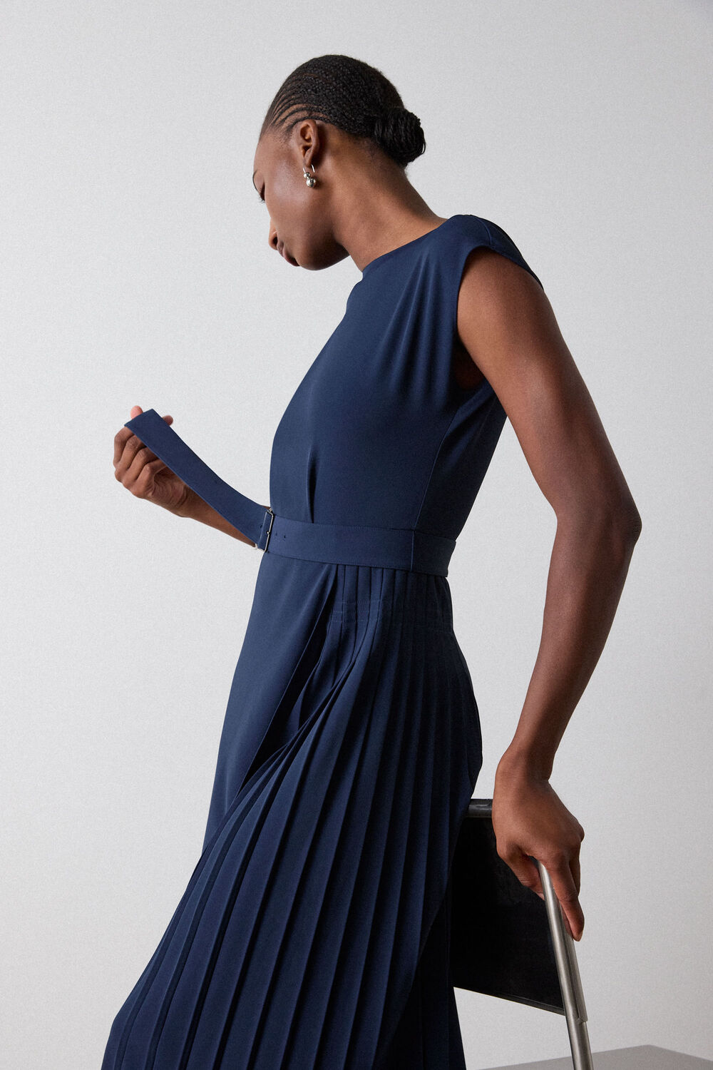 Navy Pleat Detail Asymmetric Midi Dress