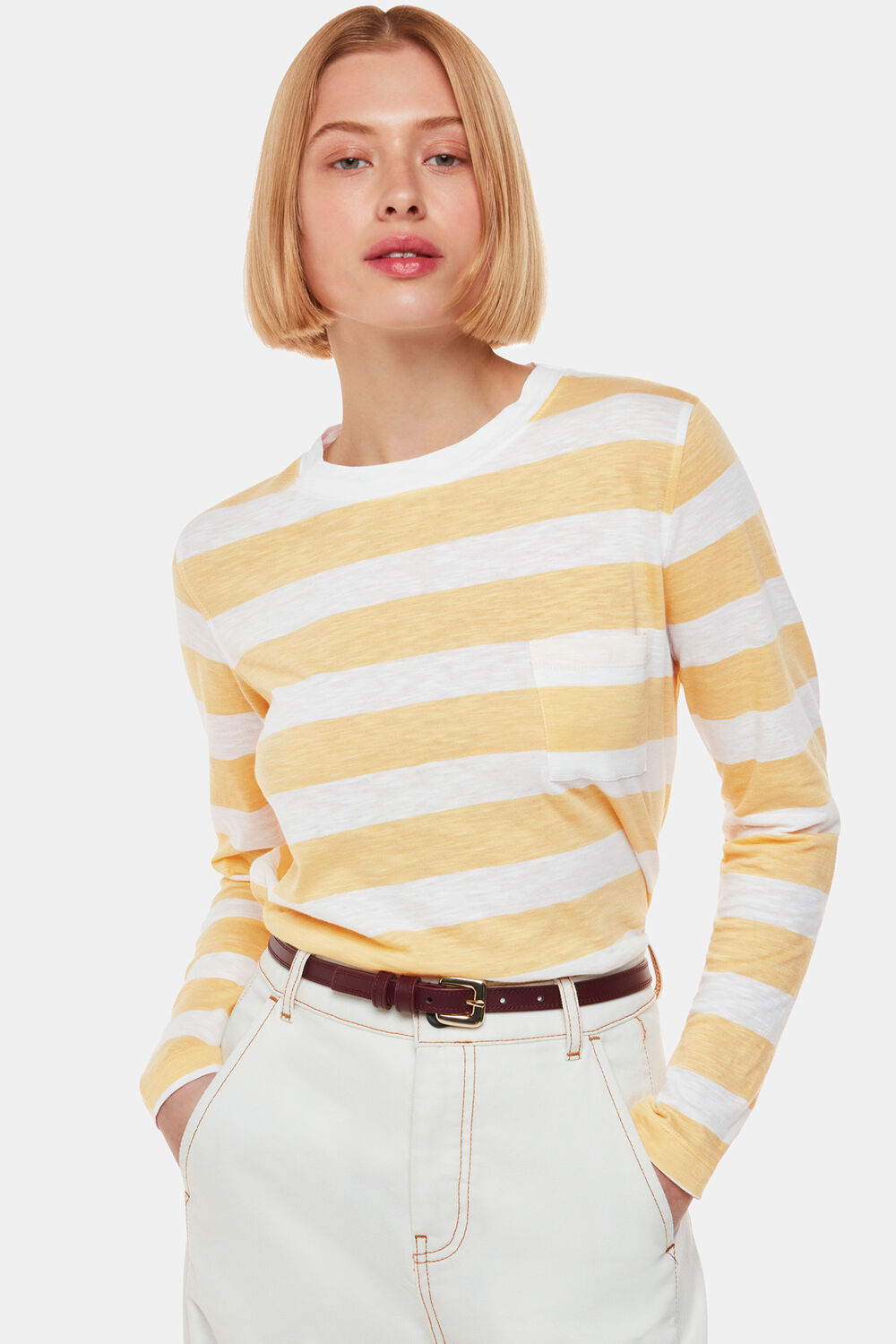 Yellow Crew Neck Stripe Pocket Top
