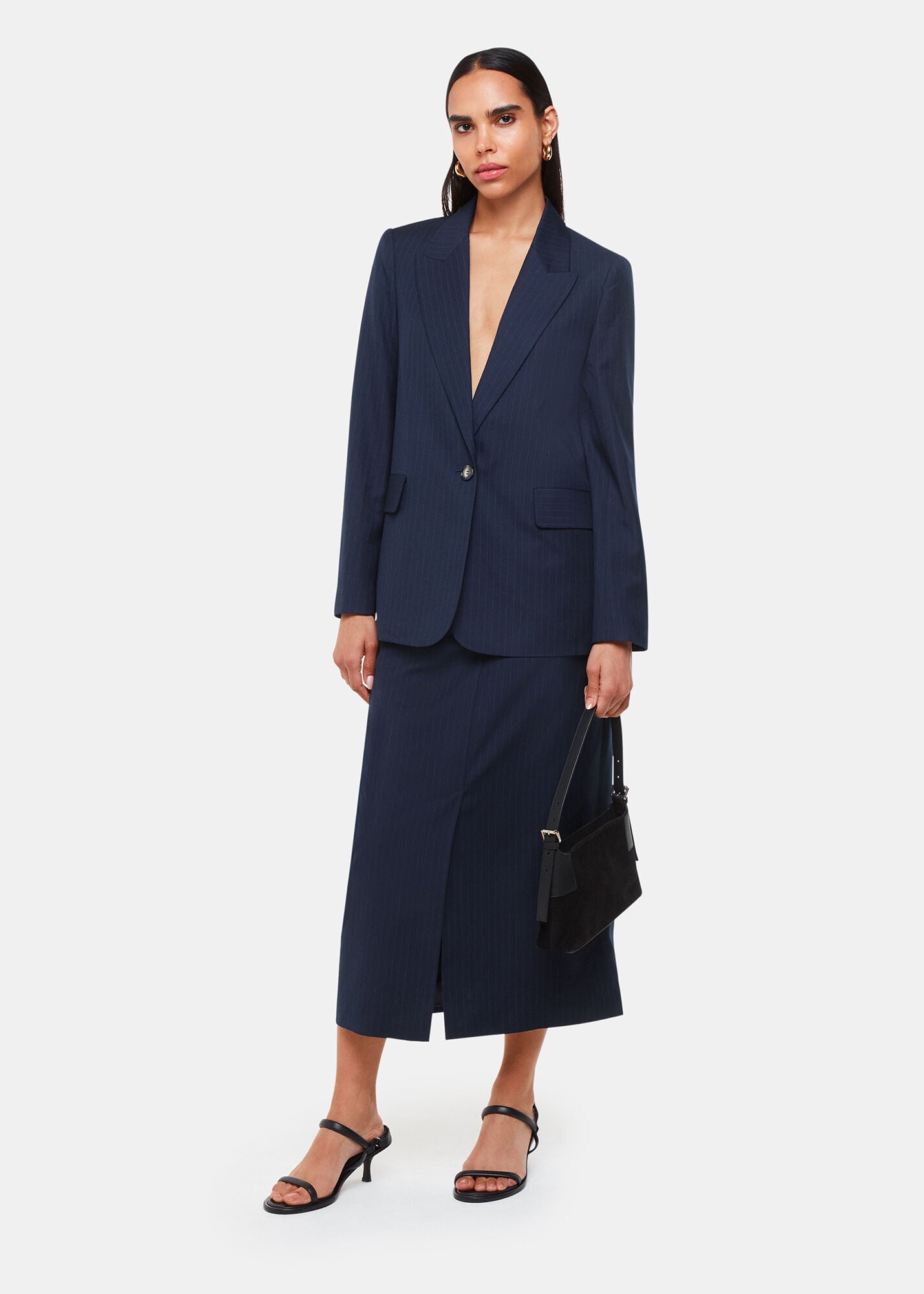Navy/Multi Pinstripe Tailored Midi Skirt | WHISTLES | Whistles US |