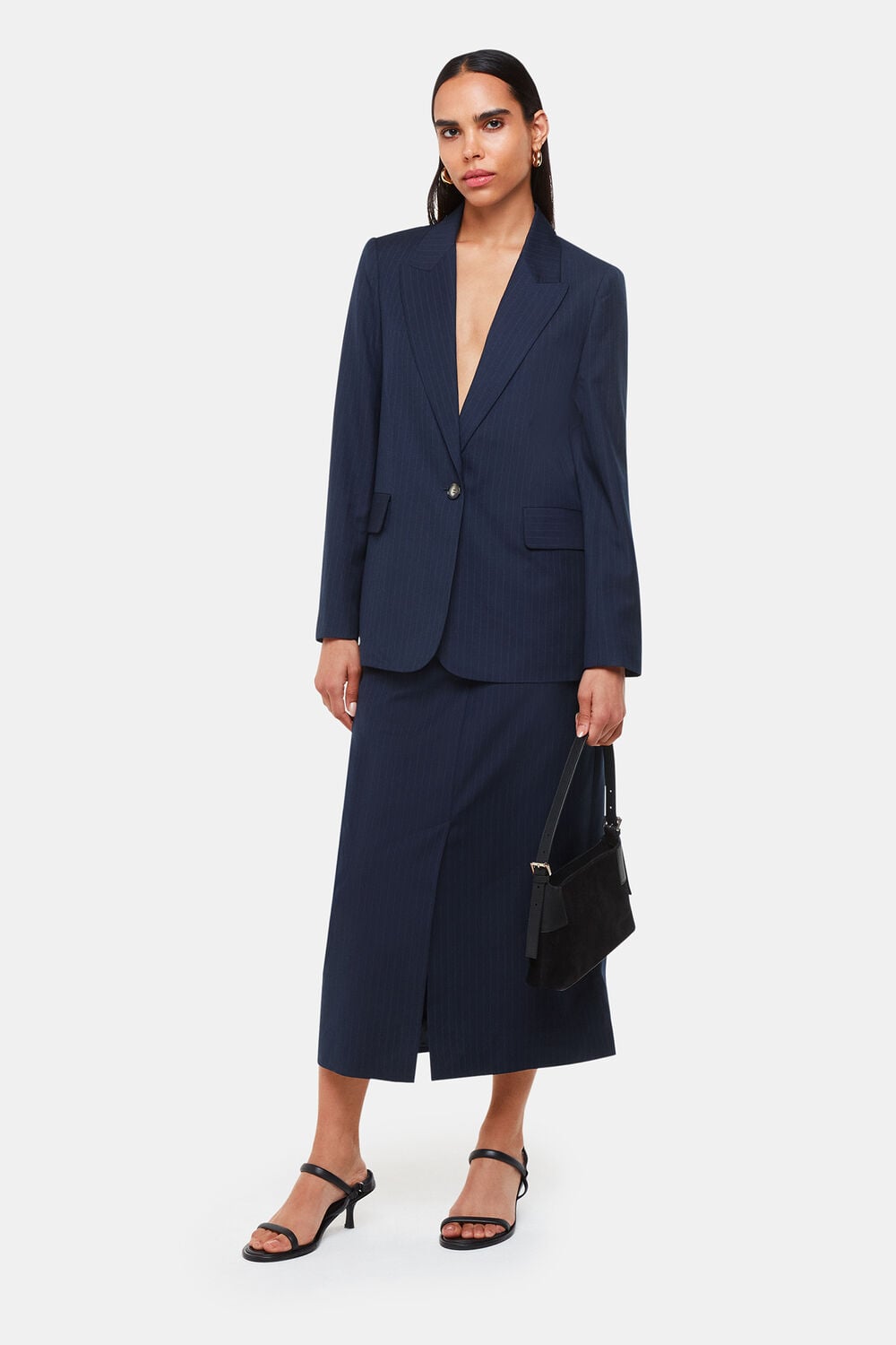 Navy Pinstripe Tailored Midi Skirt