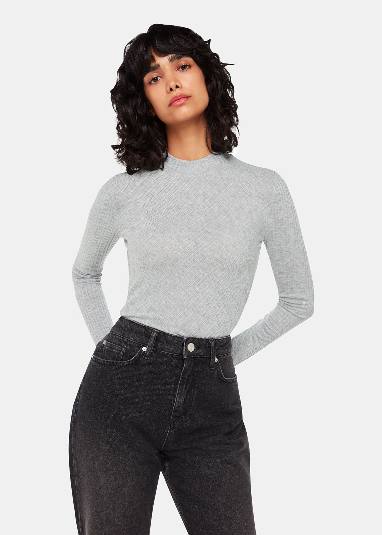 Grey Diagonal Rib Crew Neck Top | WHISTLES | Whistles UK