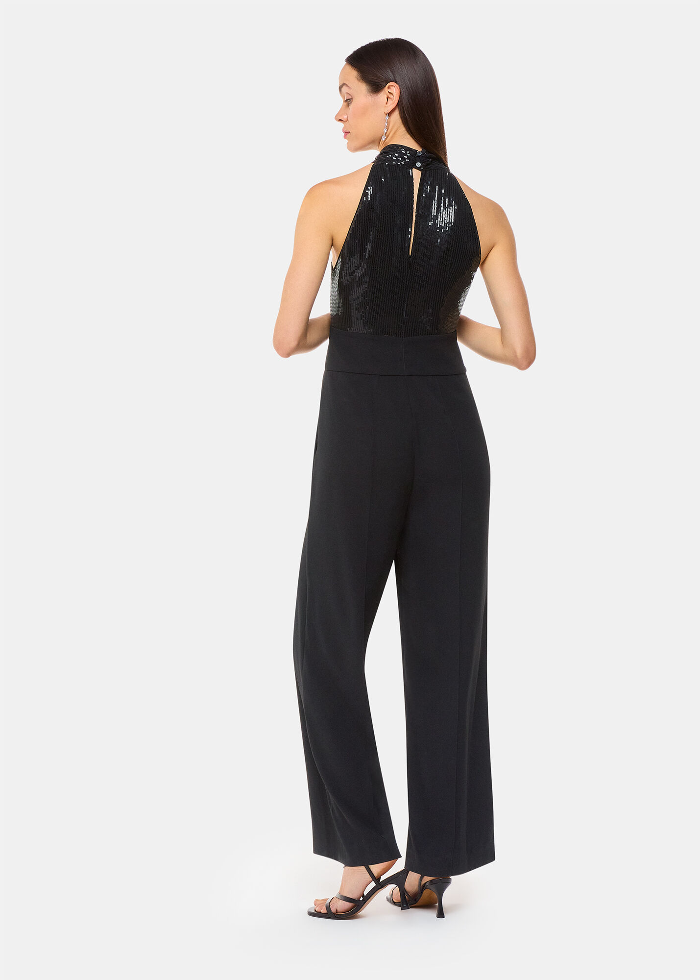 Women's Black Jumpsuit - Sequin Lace Bodice Feather Cuff Flared Leg main image 0