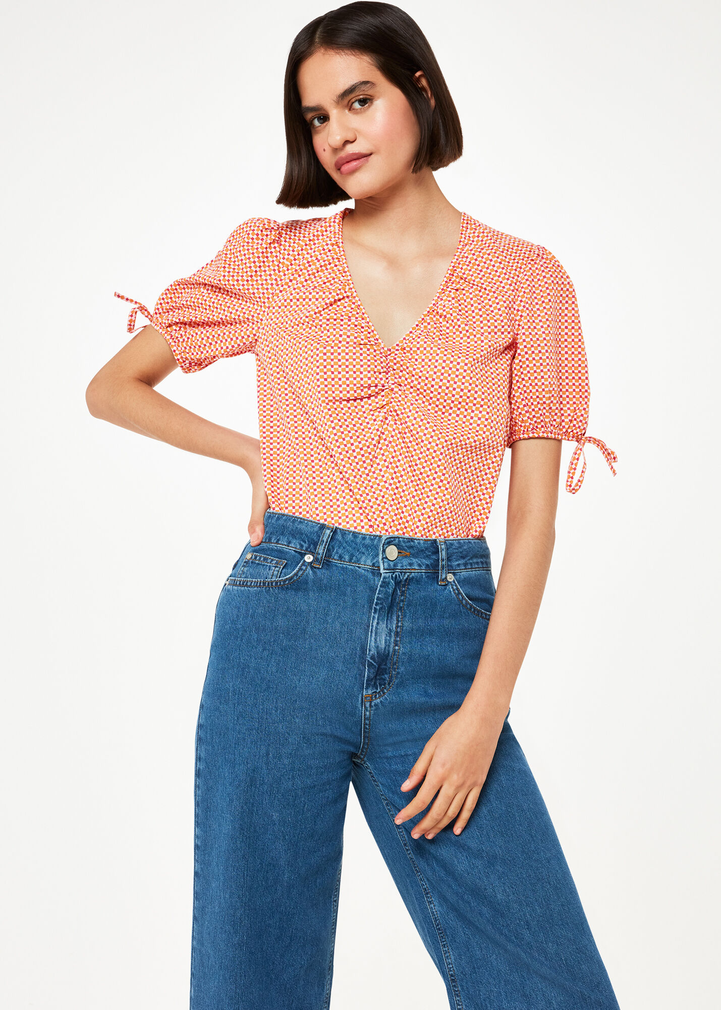 Ditsy Square Ruched Front Top