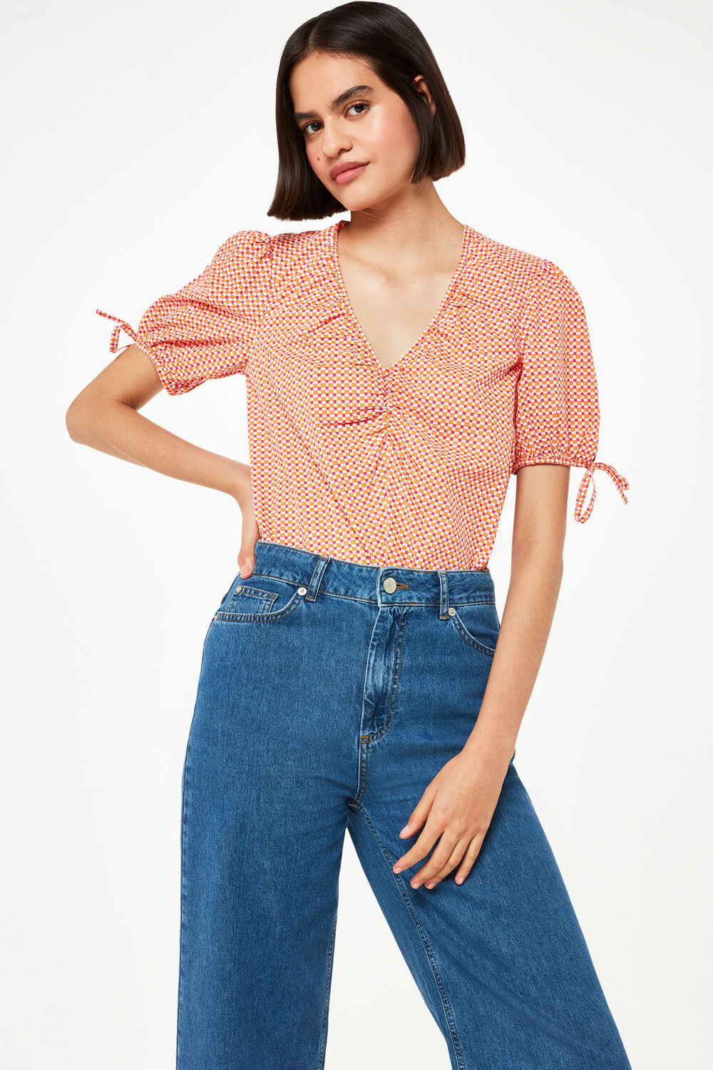Pink Ditsy Square Ruched Front Top