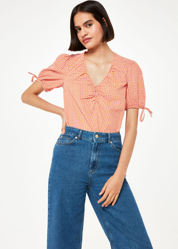 Ditsy Square Ruched Front Top