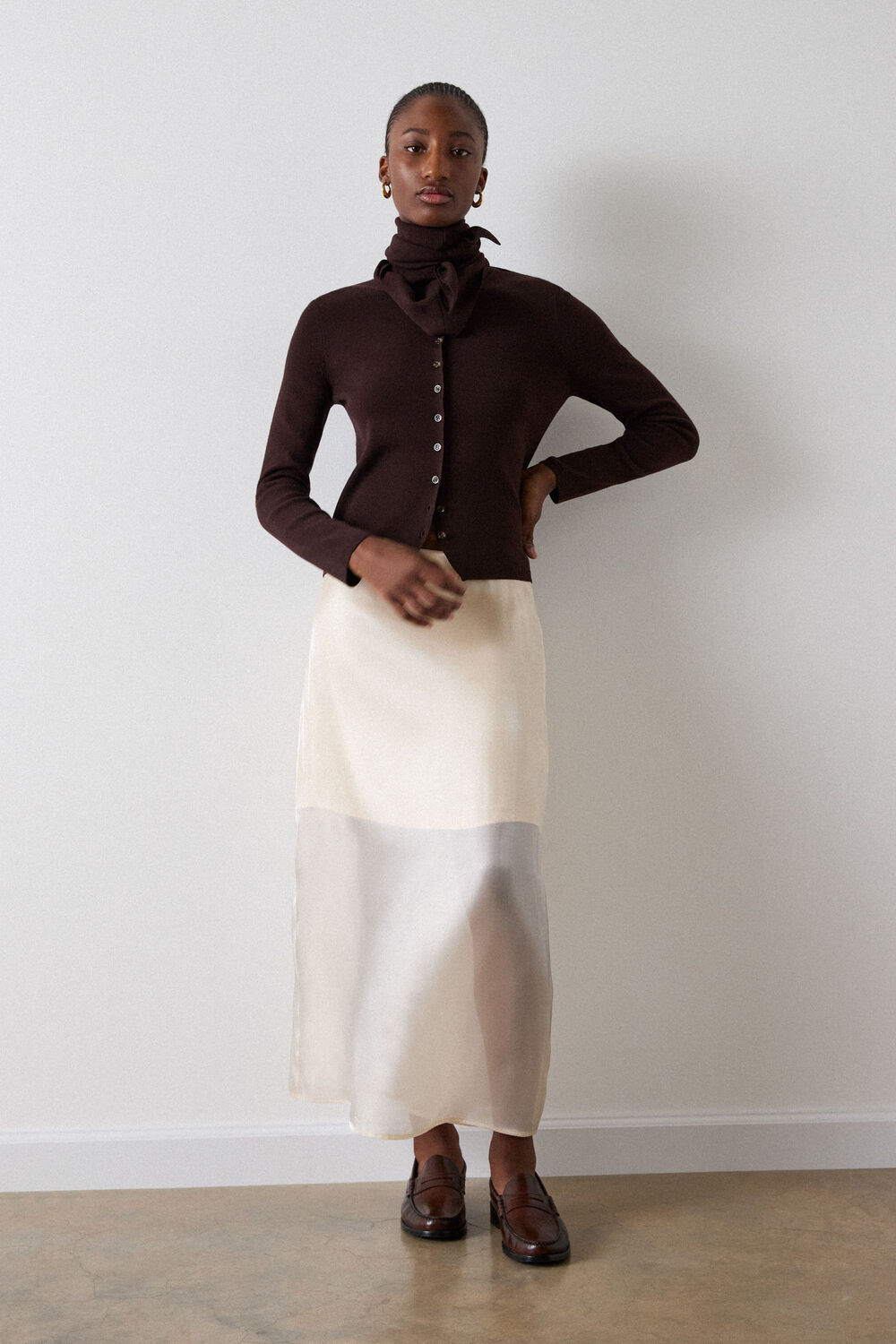 Chocolate Crew Neck Scarf Cardigan