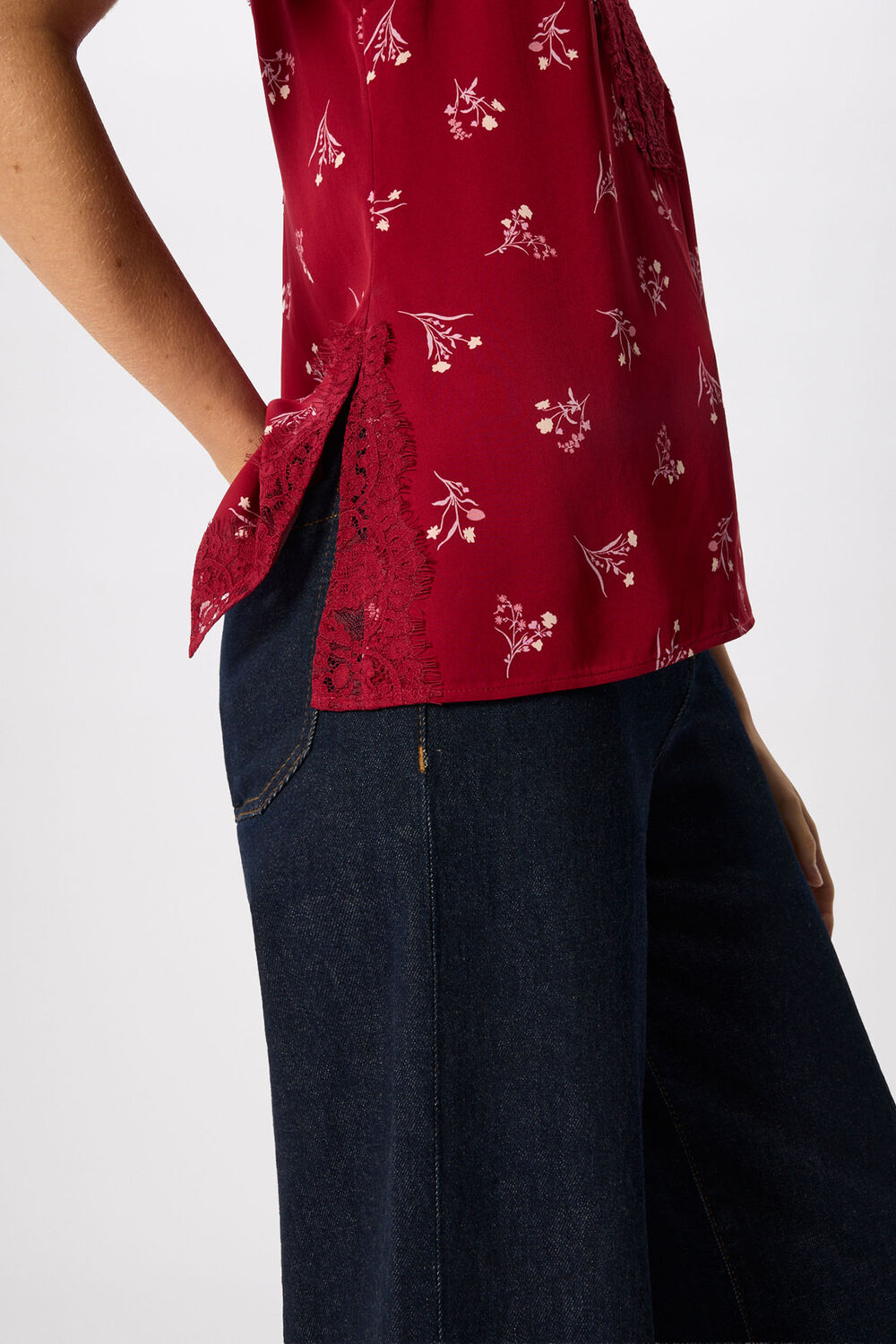 Burgundy Floral Lace Trim Top