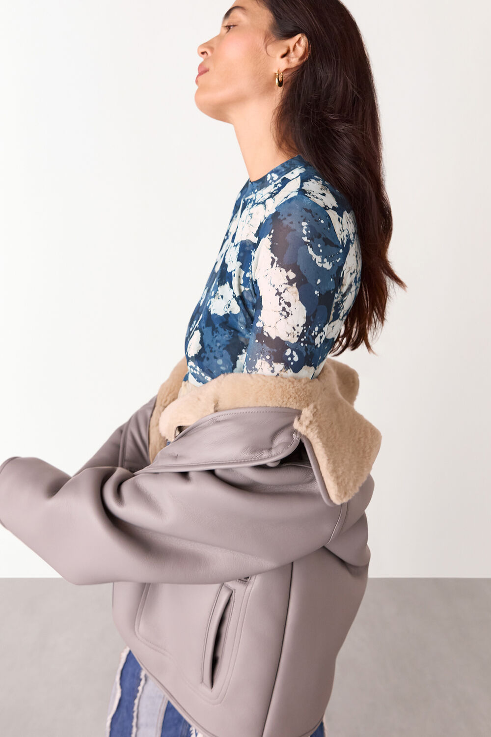 Blue Batik Marble Gathered Mesh Top