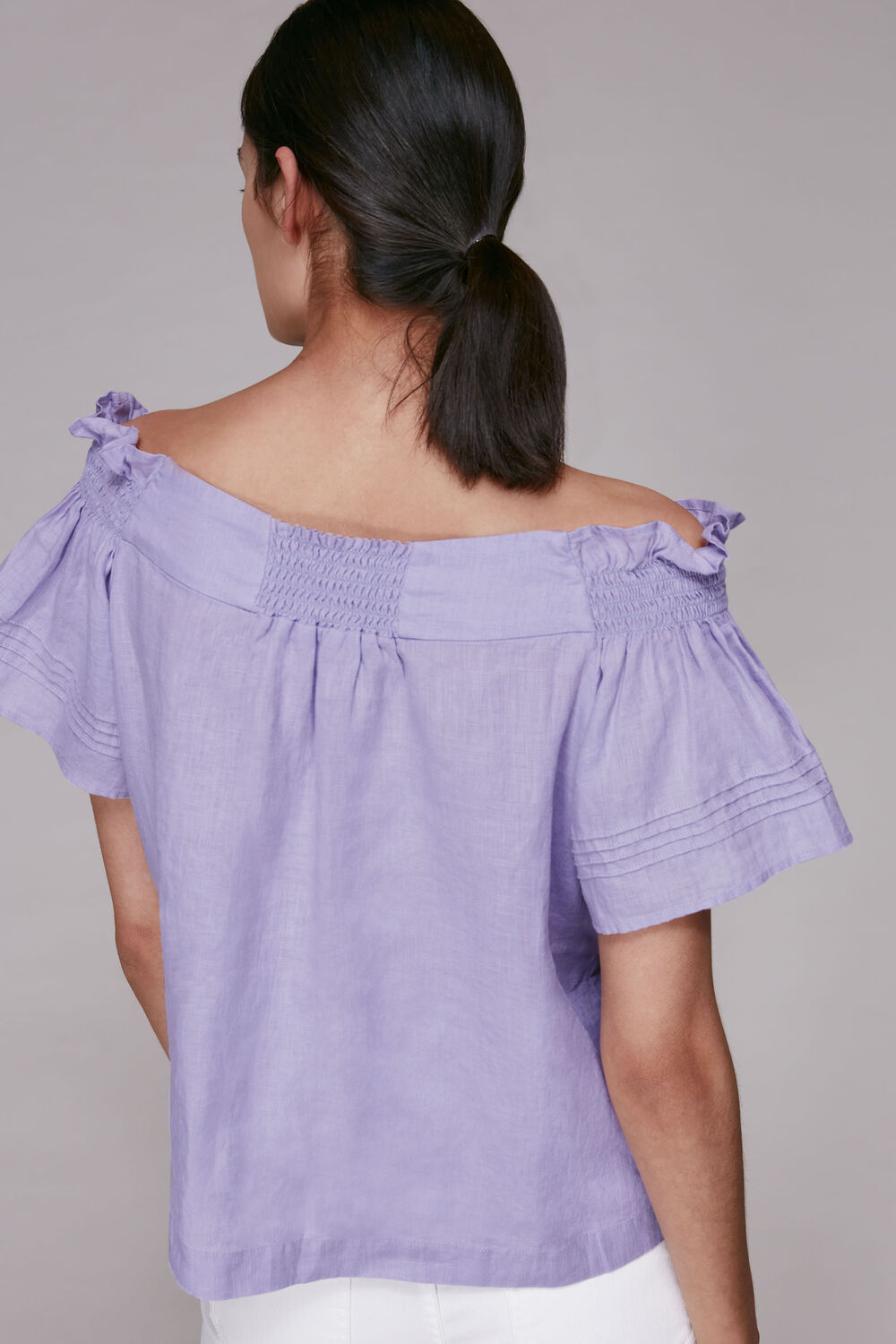 Tie Front Bardot Linen Top Lilac