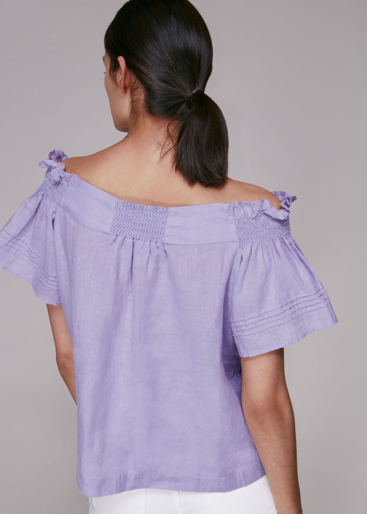 Tie Front Bardot Linen Top Lilac