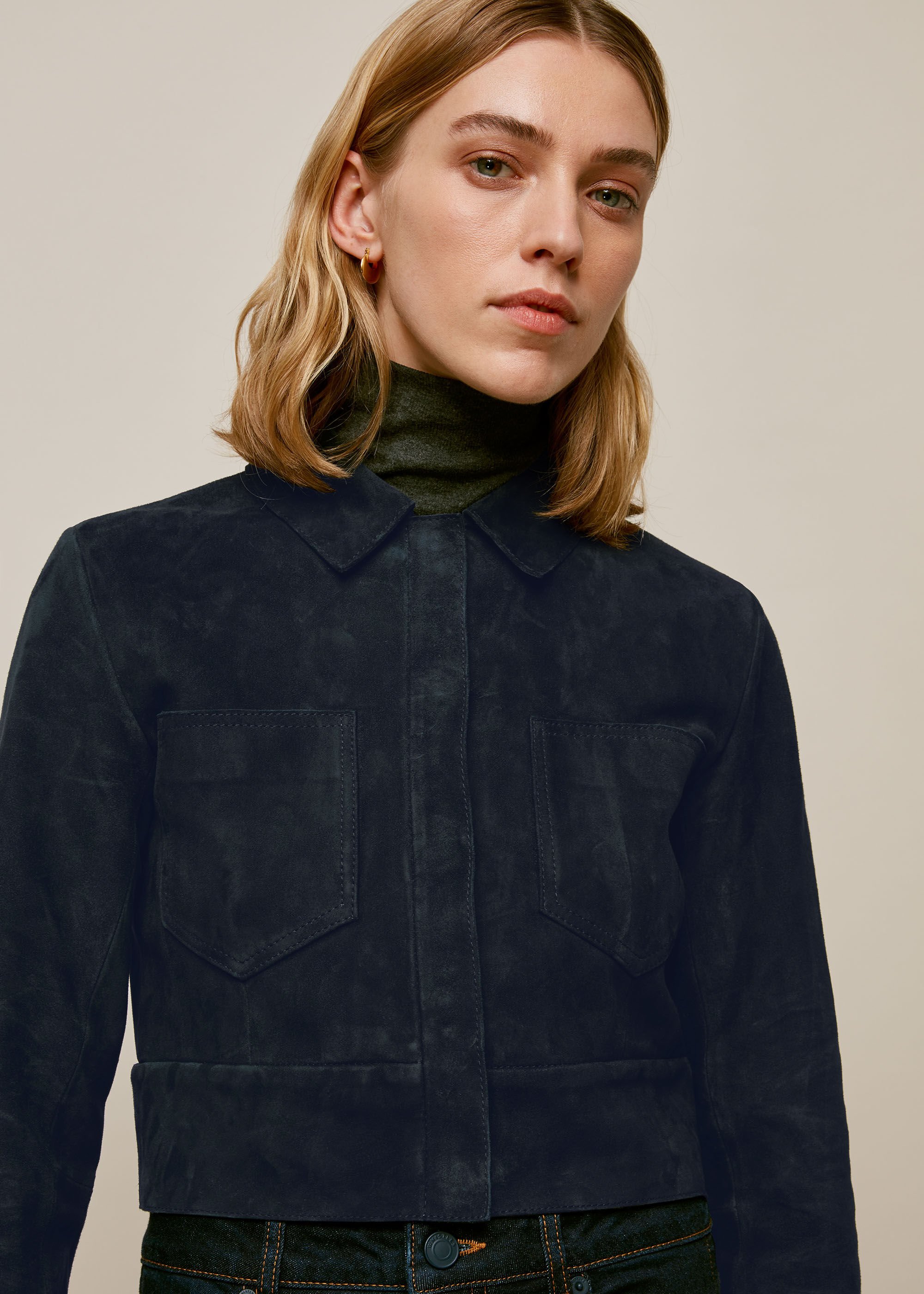 Navy Selena Cropped Suede Jacket