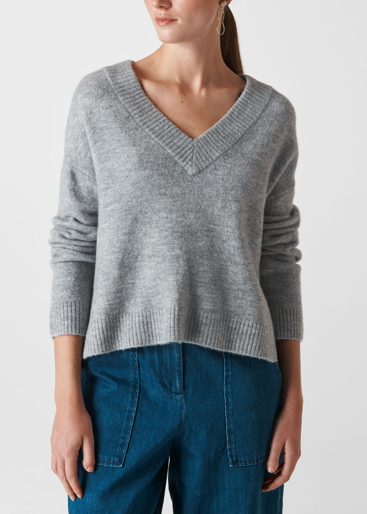 Oversized V Neck Knit Grey Marl