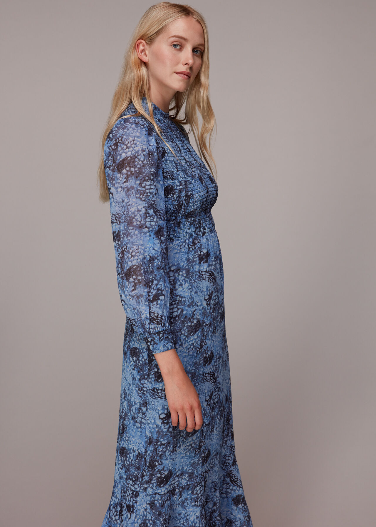 Blue/Multi Snow Flurry Shirred Midi Dress | WHISTLES