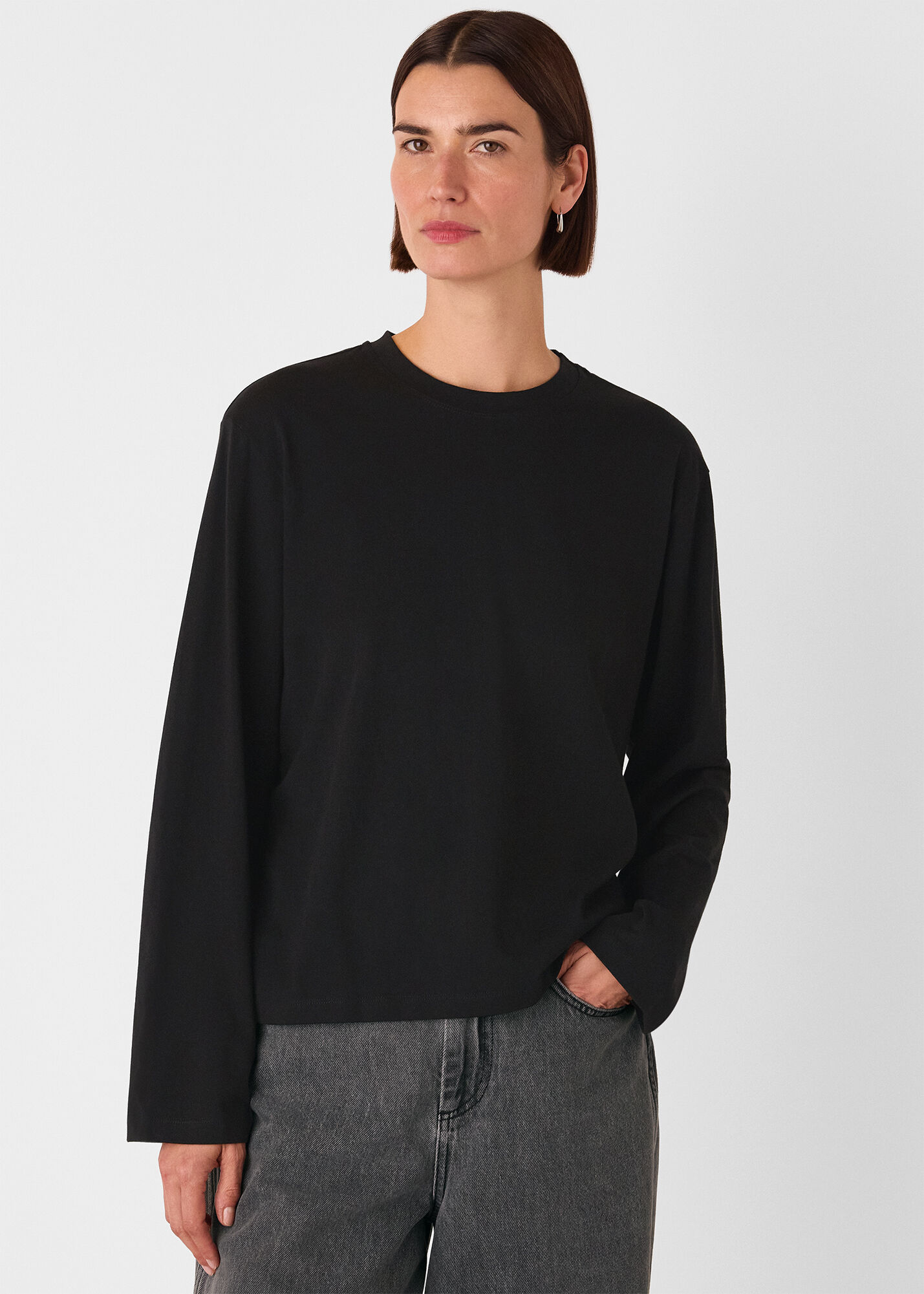Black Relaxed Long Sleeve Tee | WHISTLES | Whistles UK |