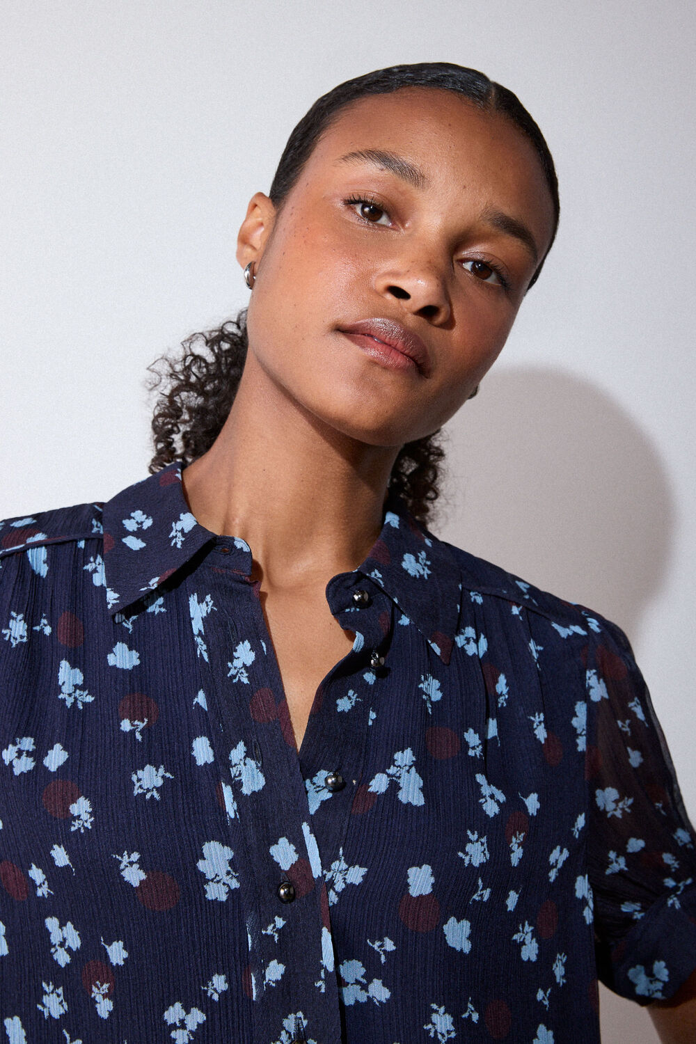 Navy Floral Short Sleeve Viscose Pintuck Blouse