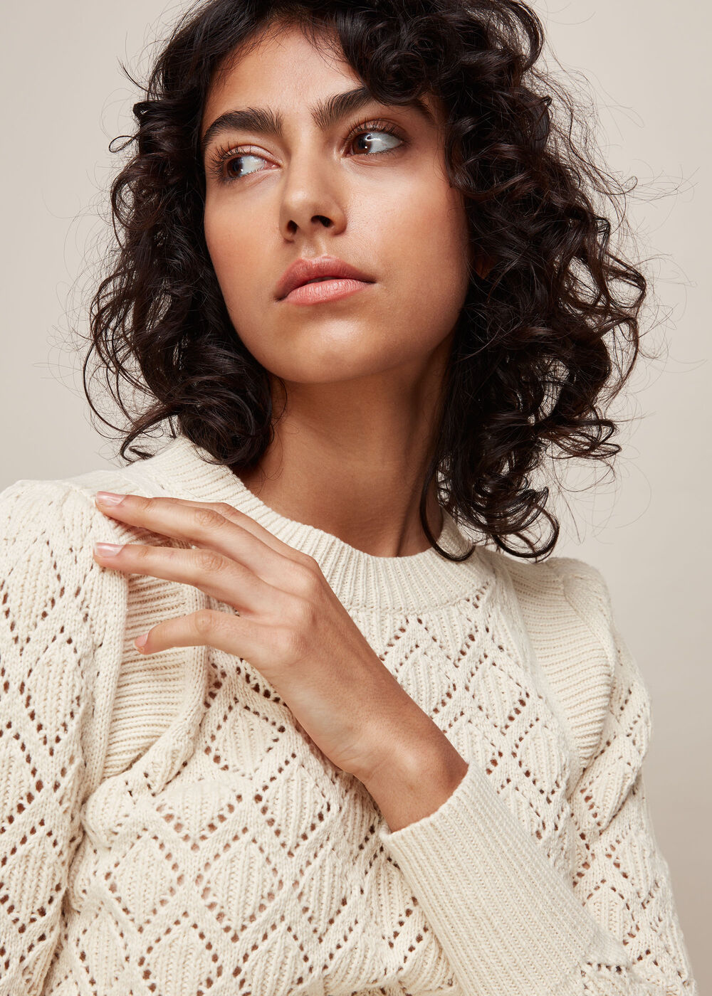 Pointelle Puff Sleeve Knit Stone