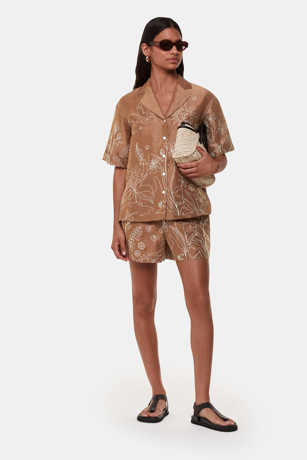 Brown Embroidered Scribble Short