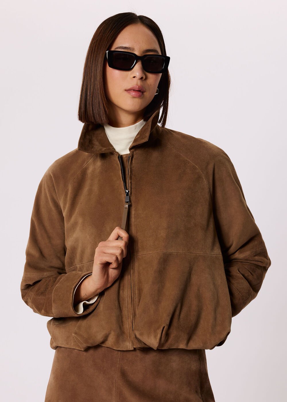 Gathered Suede Zip Jacket