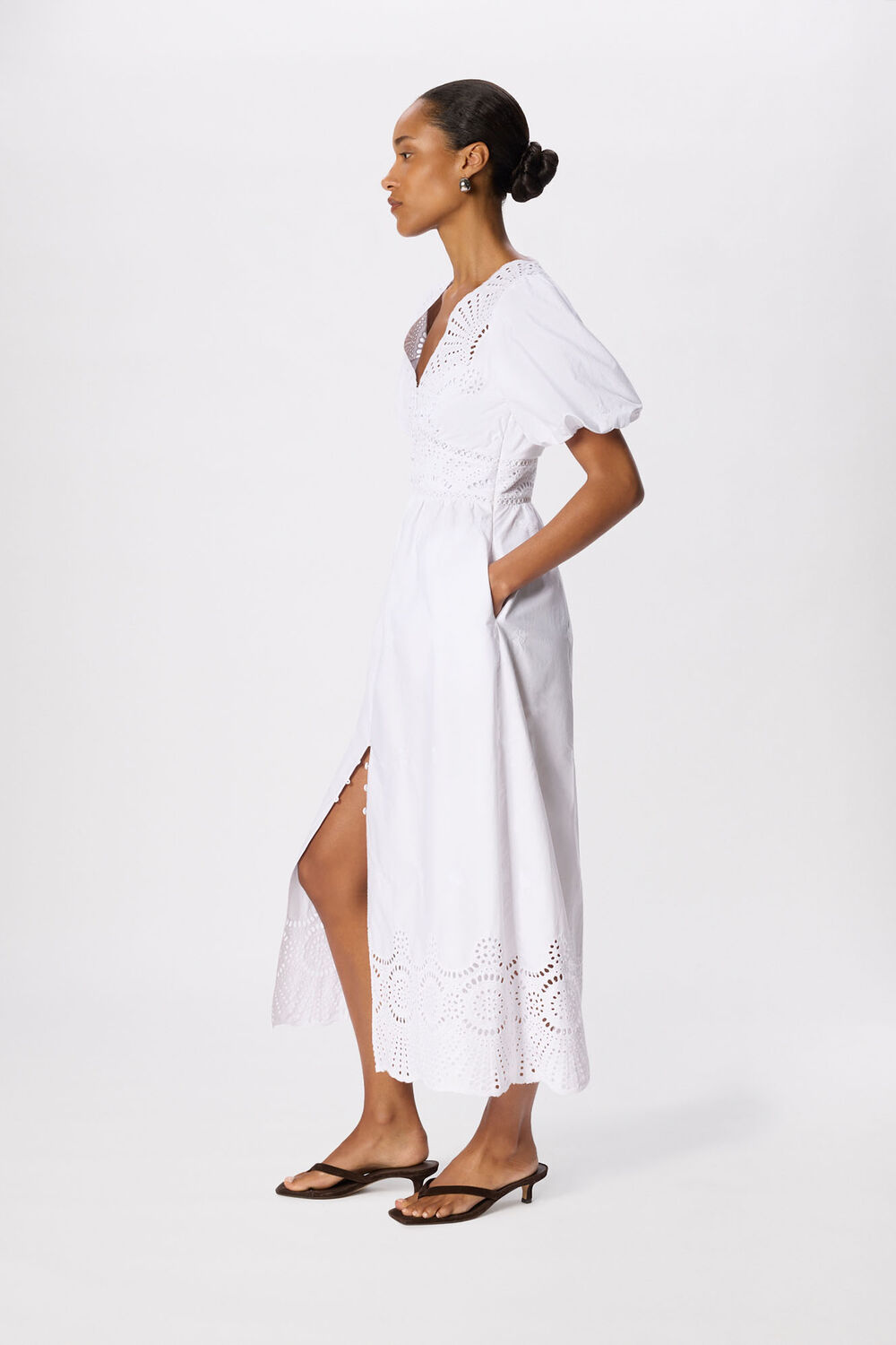 White Cotton Broderie V Neck Dress