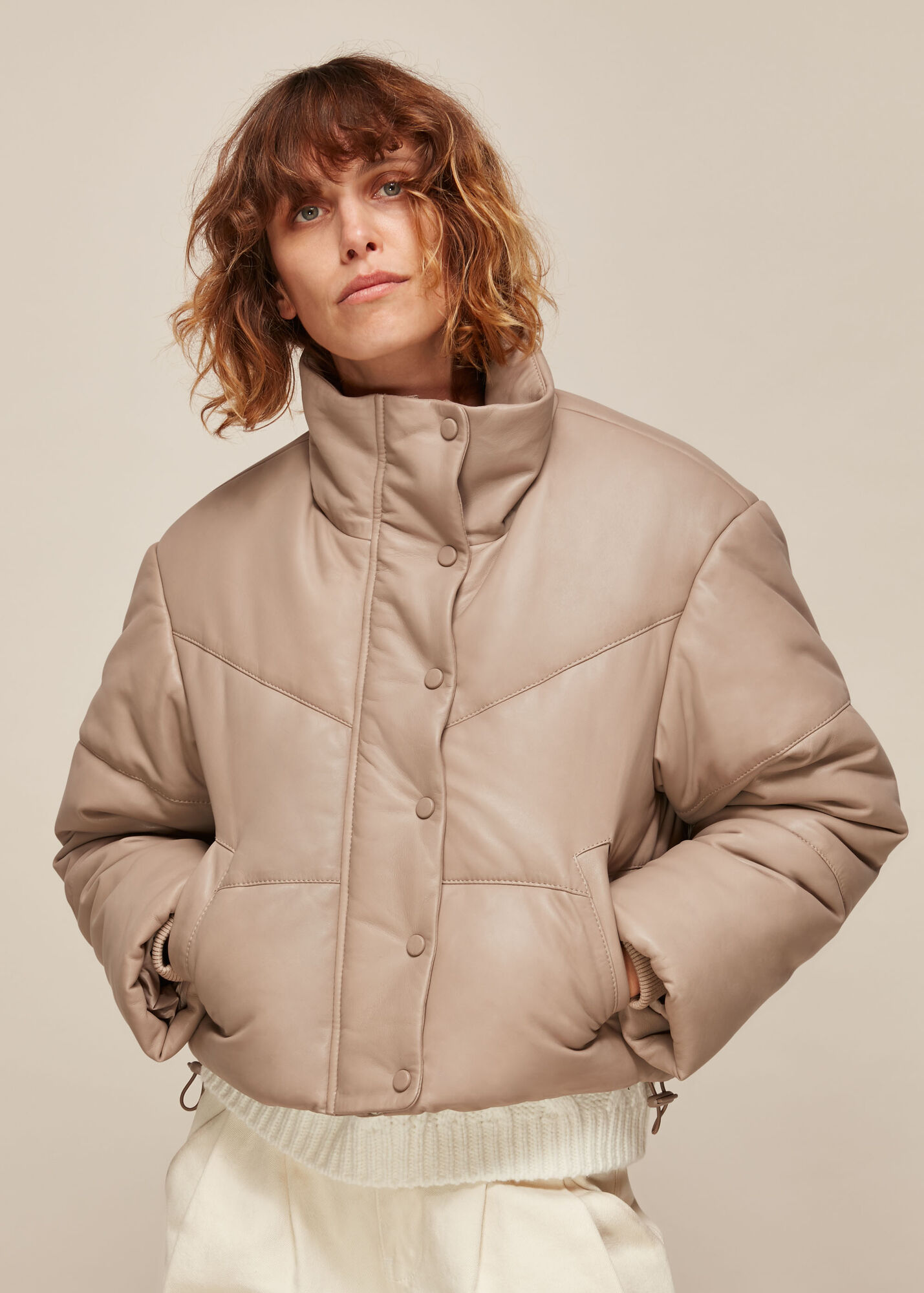 Taupe Yaz Leather Puffer Jacket WHISTLES Whistles UK