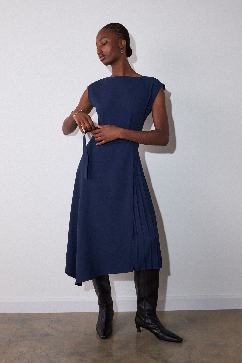 Navy Pleat Detail Asymmetric Midi Dress