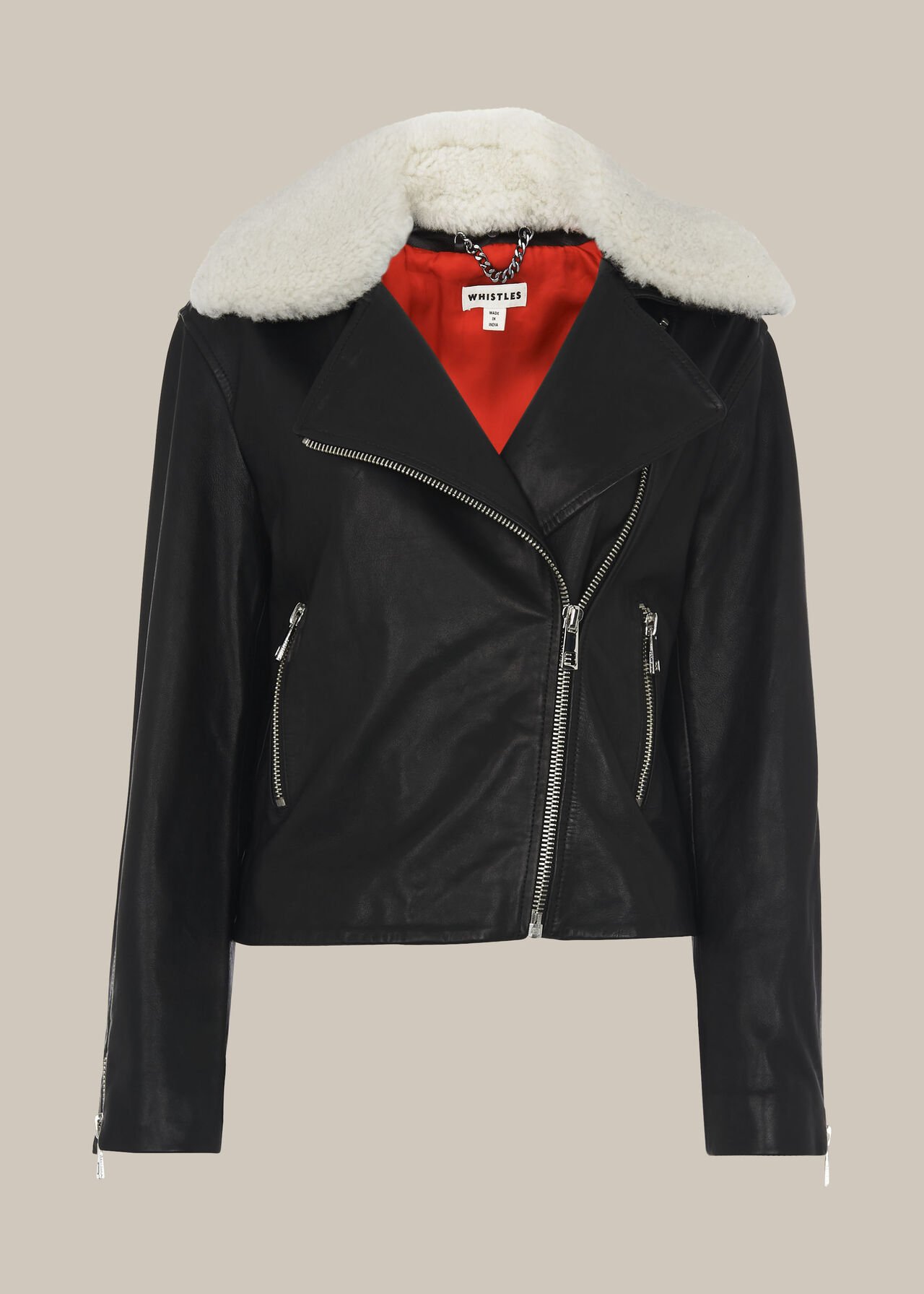 Borg Collar Leather Jacket Black