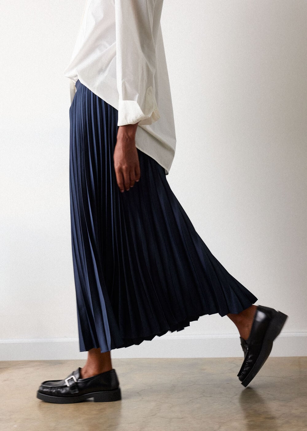 Navy Satin Pleated Midi Skirt