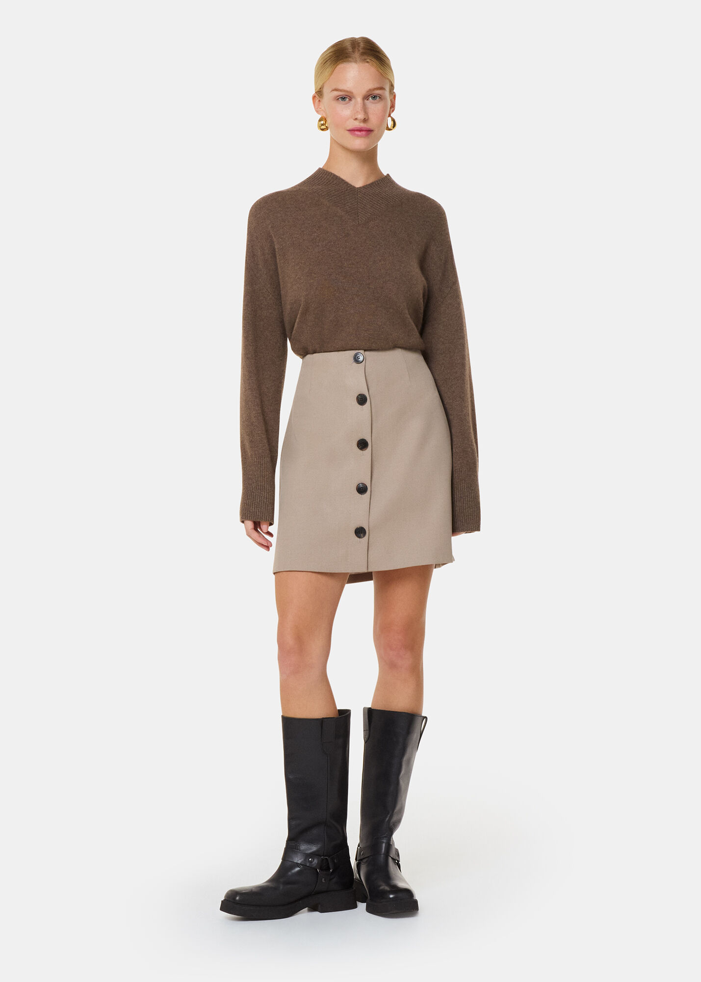Neutral Button Front Wool Mini Skirt | WHISTLES | Whistles US |