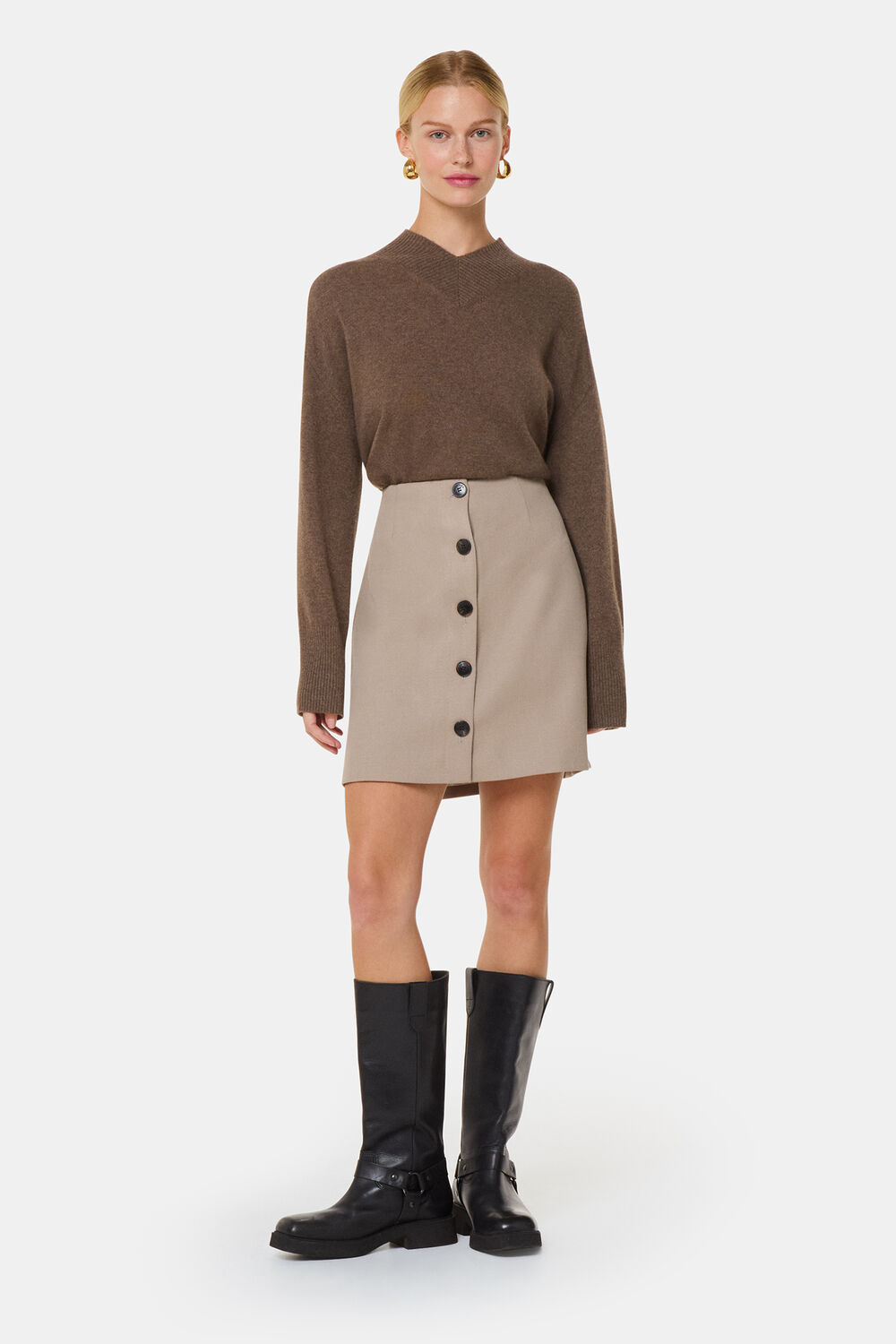 Neutral Button Front Wool Mini Skirt