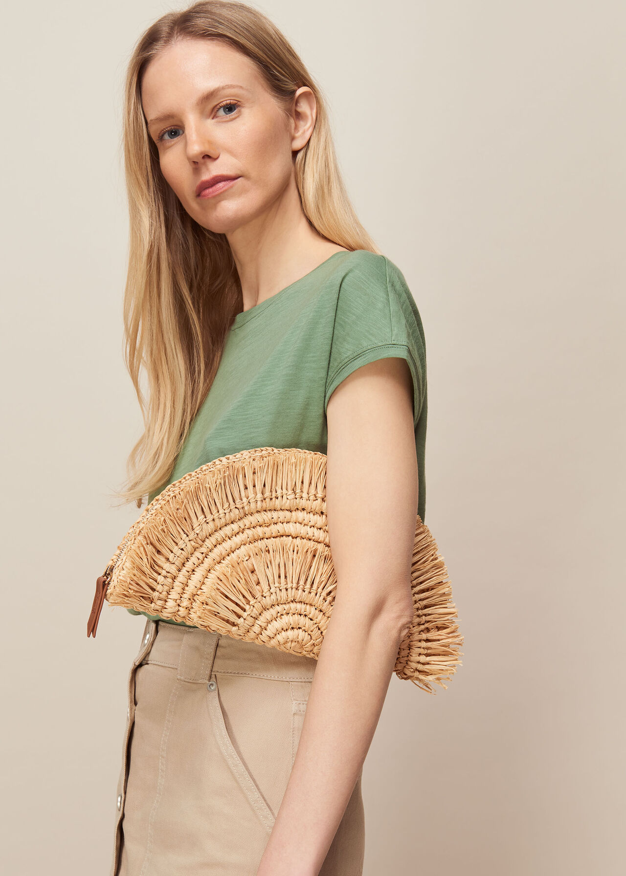 Santino Fringe Straw Clutch Neutral