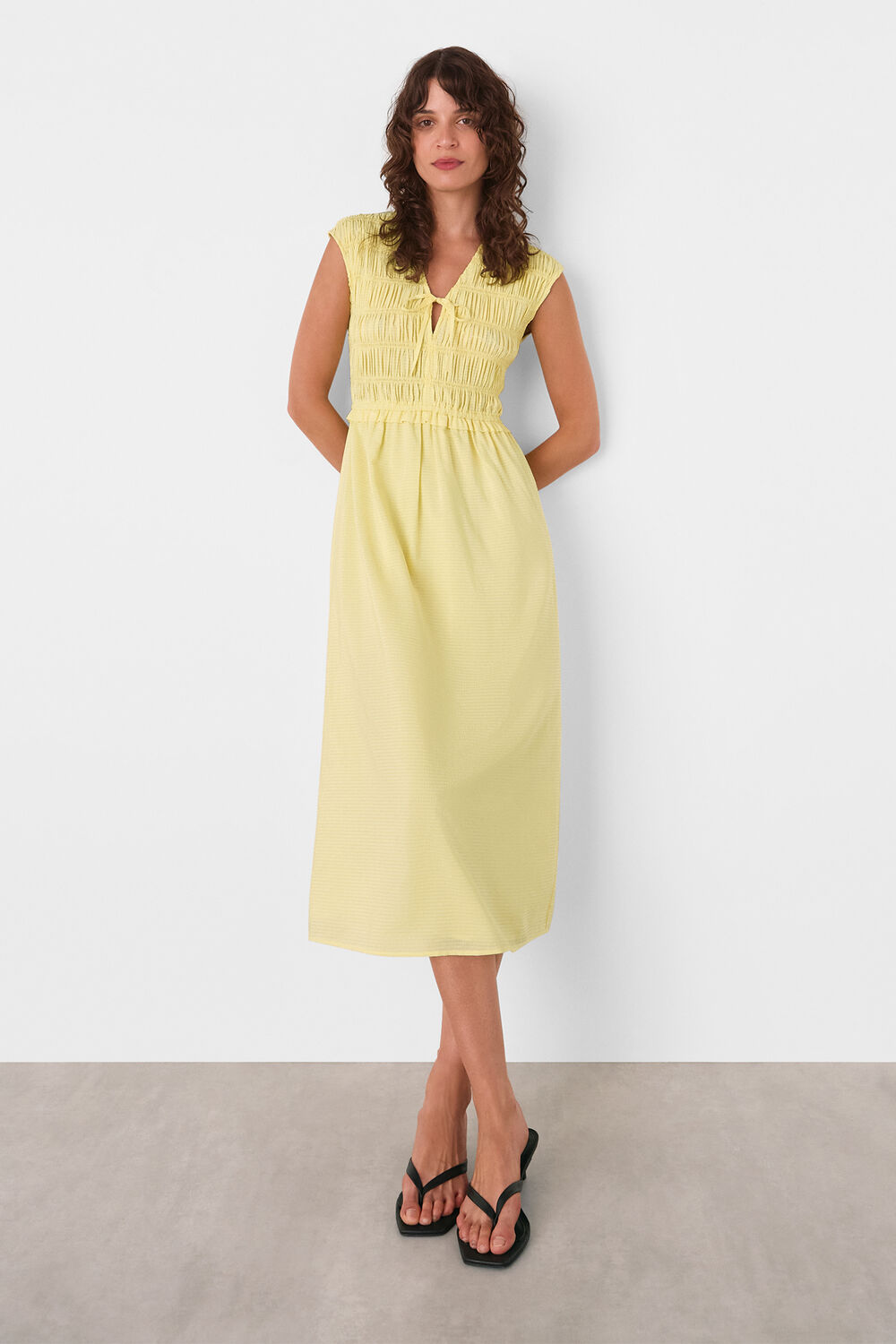 Shirred Bodice V Neck Dress
