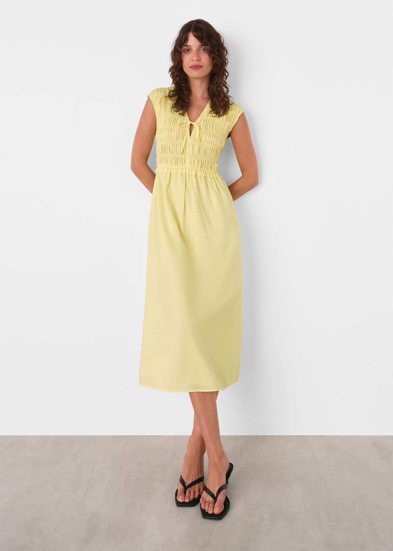 Shirred Bodice V Neck Dress