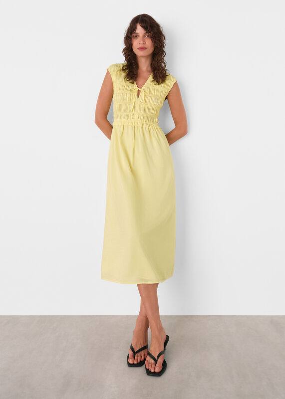 Lemon Shirred Bodice V Neck Dress