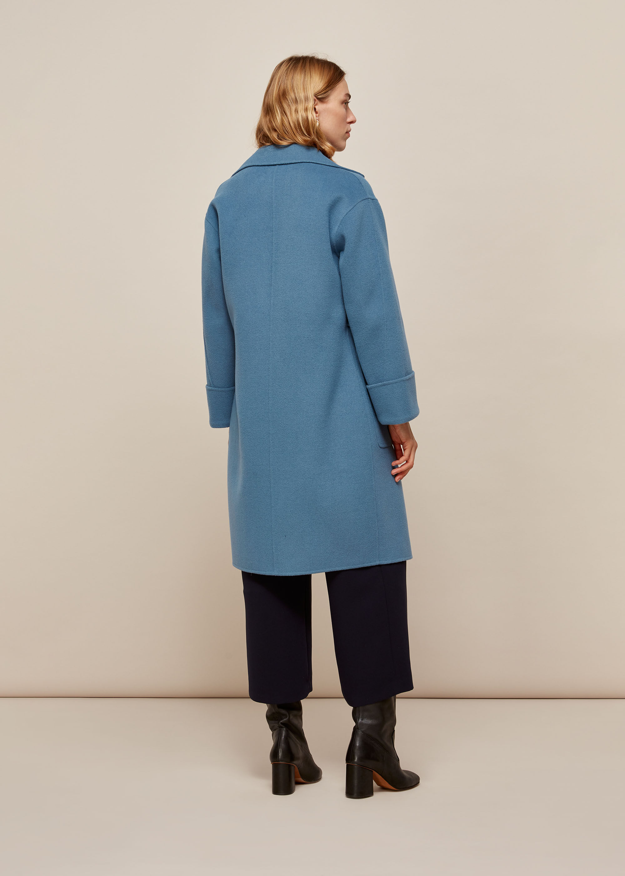 Blue Double Faced Wool Wrap Coat