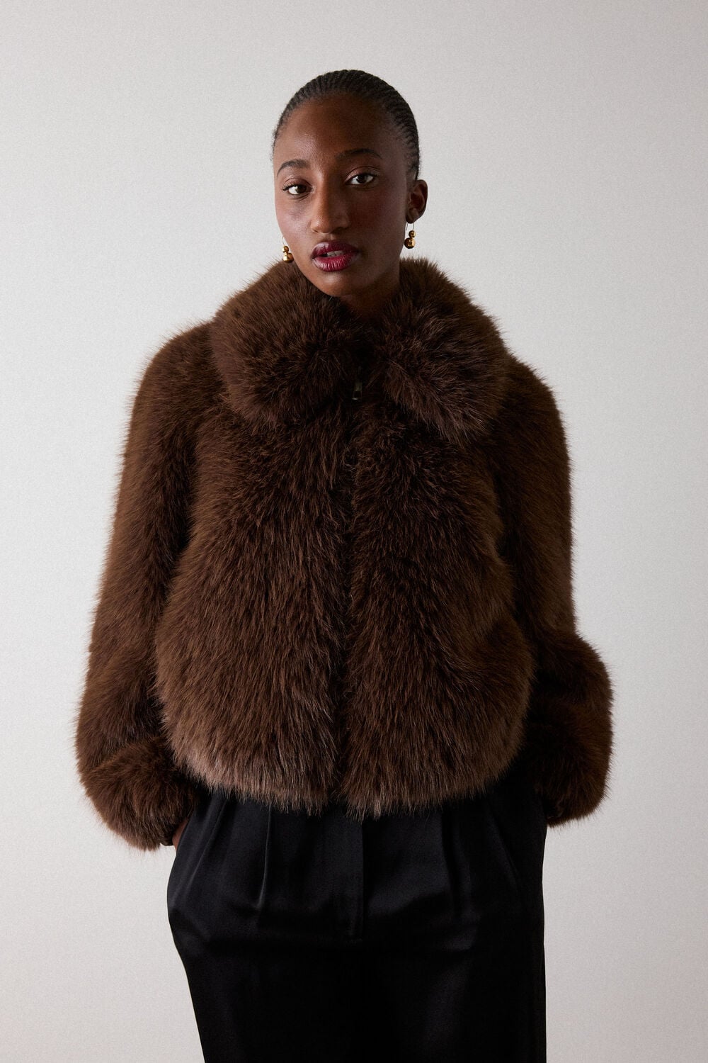 Brown Short Faux Fur Coat