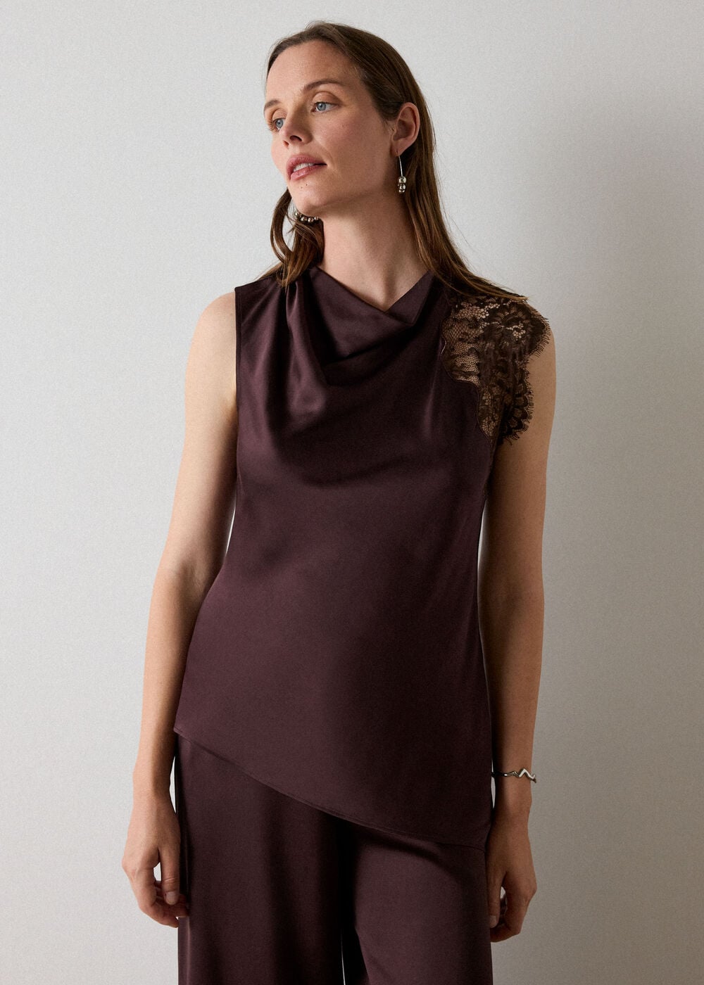 Chocolate Lace Asymmetric Satin Top