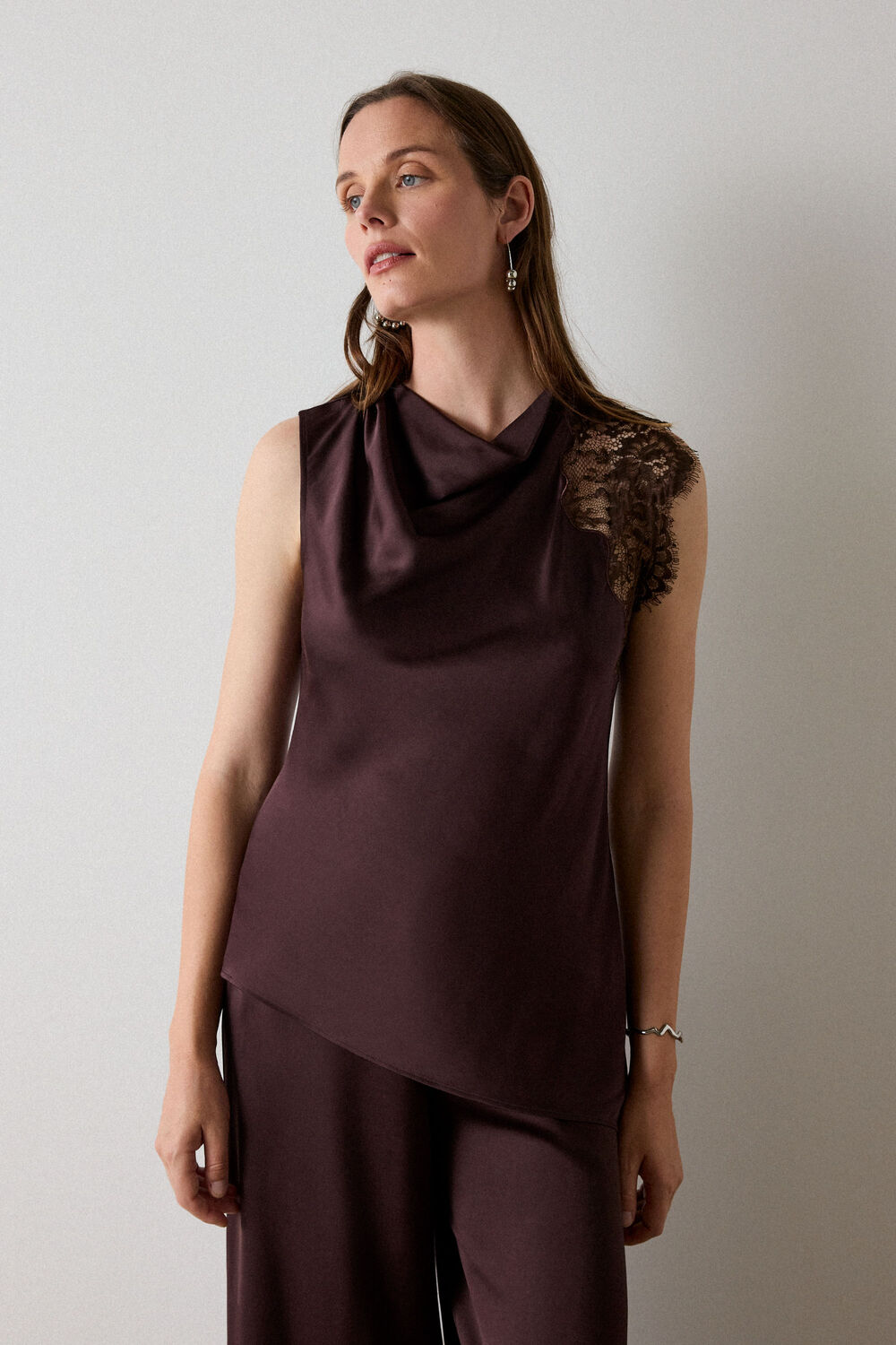 Chocolate Lace Asymmetric Satin Top