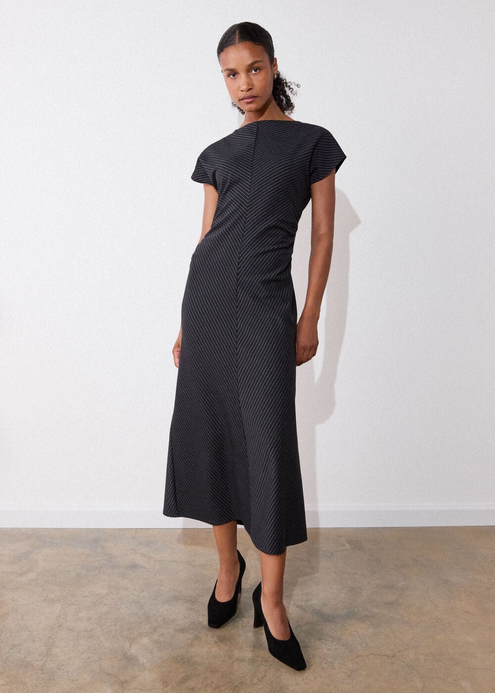 Black Pinstripe Jersey Midi Dress