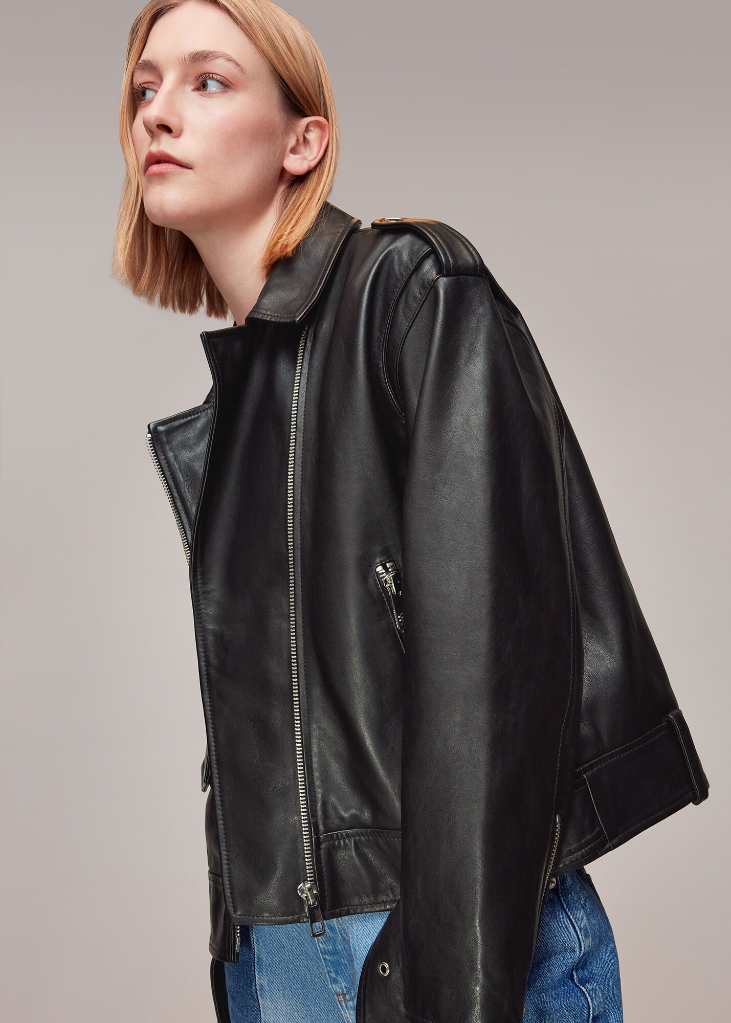 Black Sophia Oversized Leather Biker WHISTLES