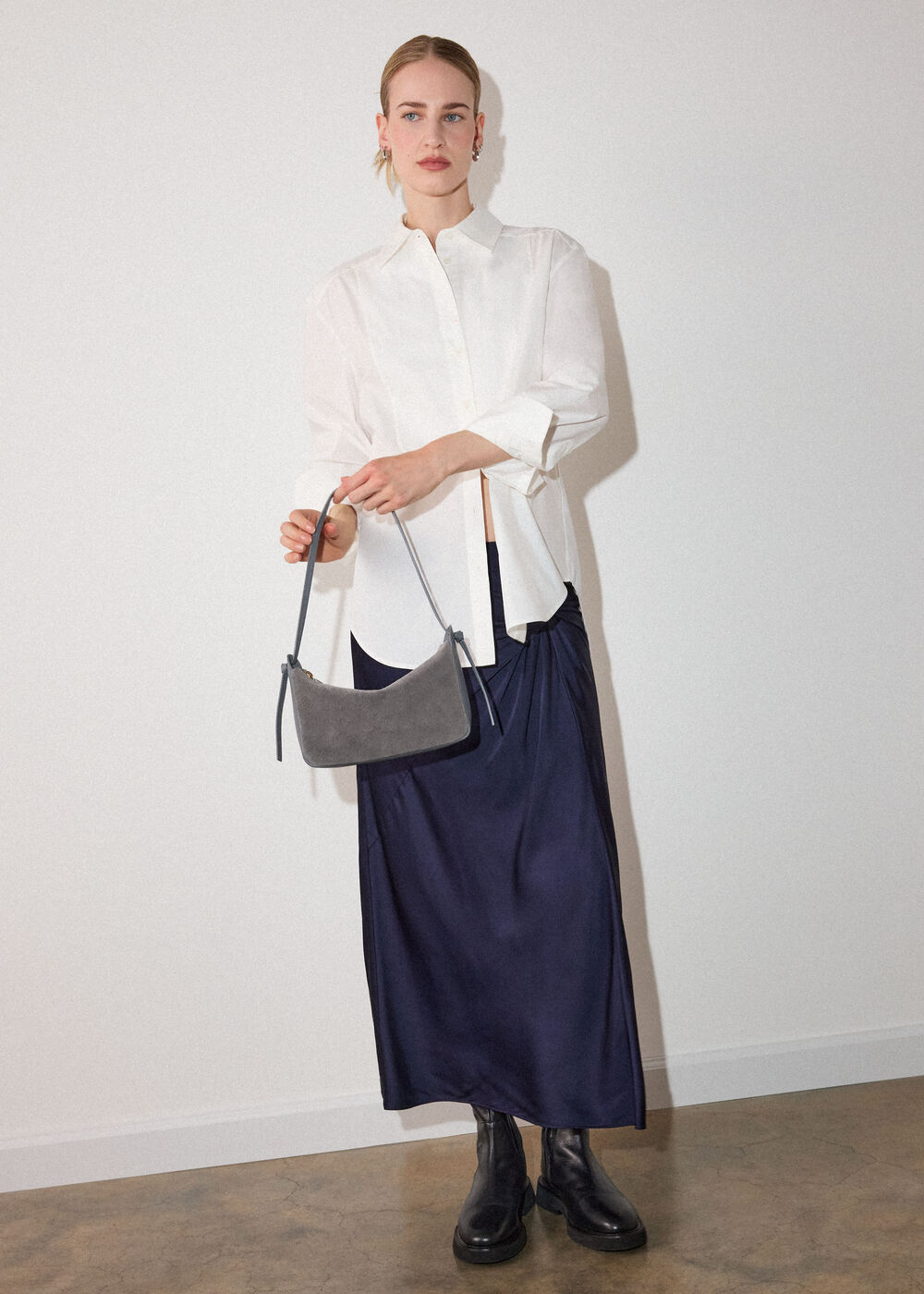 Navy Satin Twist Side Midi Skirt