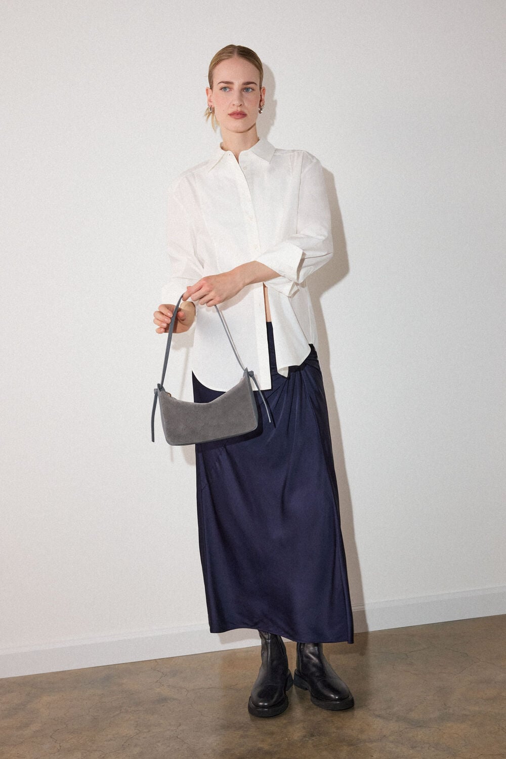 Navy Satin Twist Side Midi Skirt
