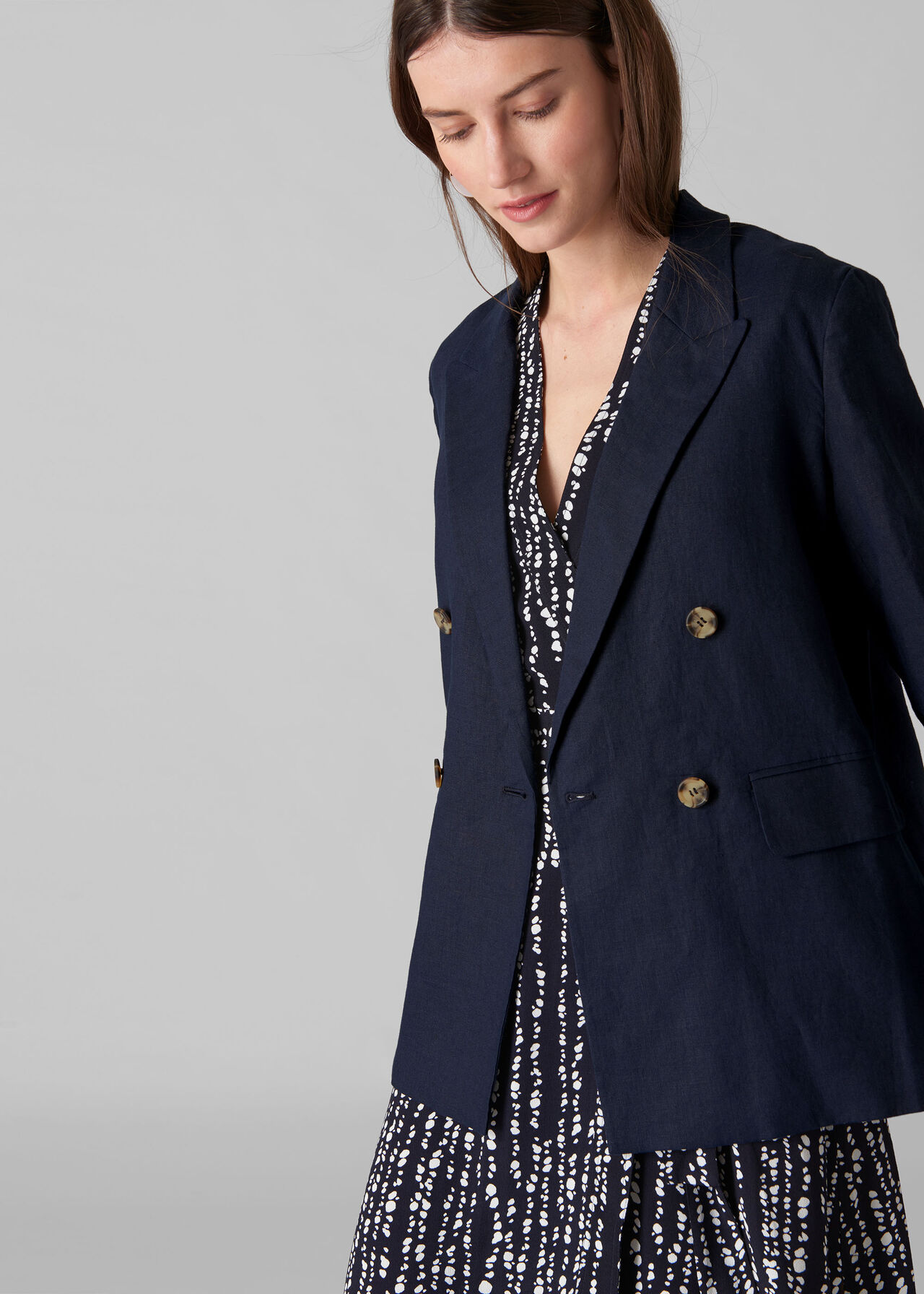 Linen Double Breasted Blazer Navy